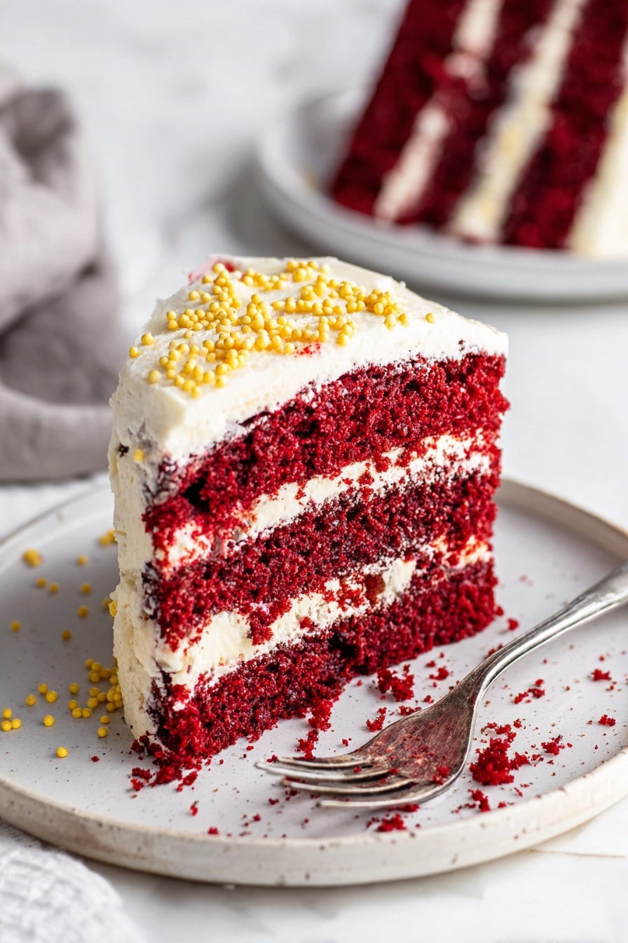 Red Velvet Cake with Cream Cheese Frosting Recipe 6 A smooth, round cake with two layers is covered in creamy white frosting that has a slightly textured finish. The cake is placed on a white marbled cake stand with a wooden base. The top of the cake is decorated with small, round sprinkles in white and gold, arranged in a ring around the edge. The background shows a white marbled texture surface with a blue cloth nearby and part of a white plate with cutlery on the right side. photo taken with an iphone --ar 2:3 --v 7 - Red Velvet Cake with Cream Cheese Frosting, best red velvet cake, homemade red velvet cake, classic red velvet dessert, easy red velvet cake recipe