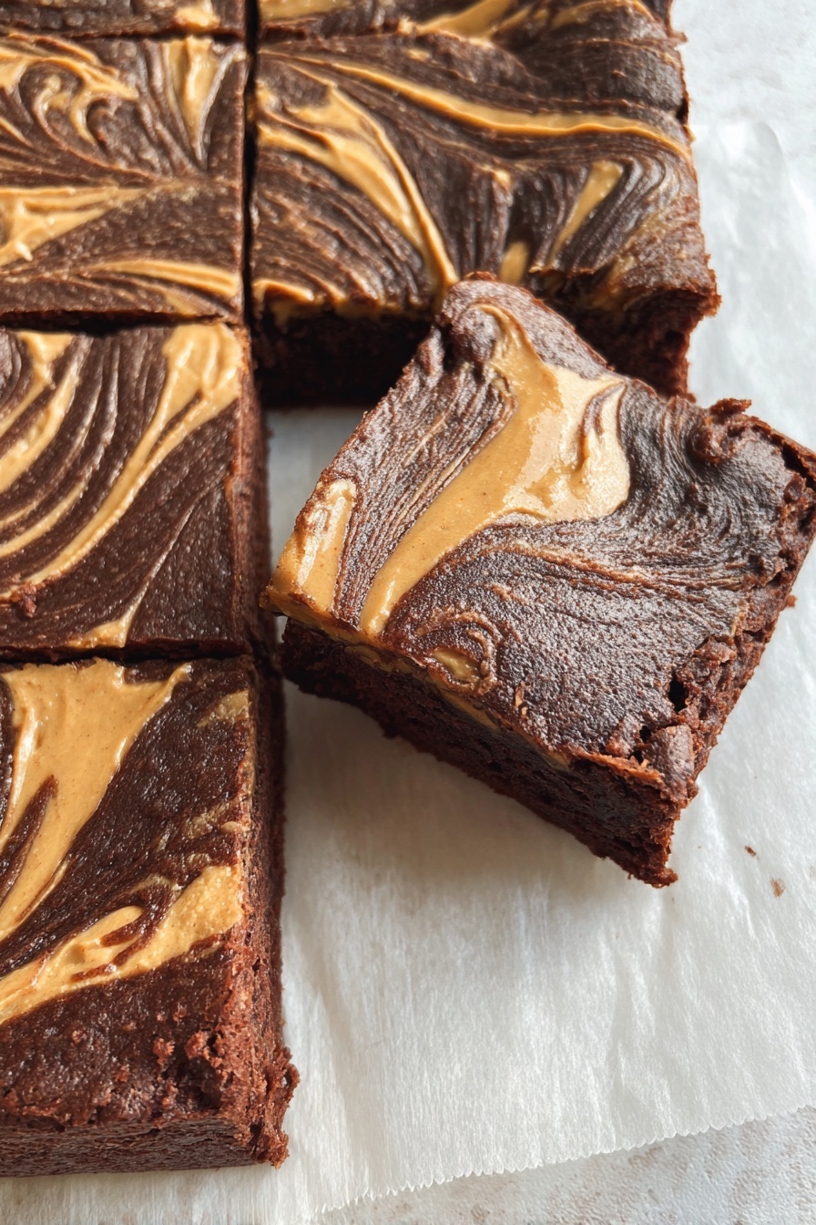 3-Ingredient Banana Brownies Recipe 8 The image shows a close-up of a square chocolate brownie with peanut butter swirls on top. The brownie is cut into smaller squares, and the top layer features a smooth mix of dark brown chocolate and light tan peanut butter in curly, marbled patterns. The inside of the brownie looks dense and moist with a rich texture. The brownie is placed on white parchment paper over a white marbled surface, and one piece is slightly moved out from the main block, showing the thickness and soft inside. Photo taken with an iphone --ar 2:3 --v 7 - 3-Ingredient Banana Brownies, easy banana brownies, healthy banana brownie recipe, quick banana dessert, simple vegan brownies