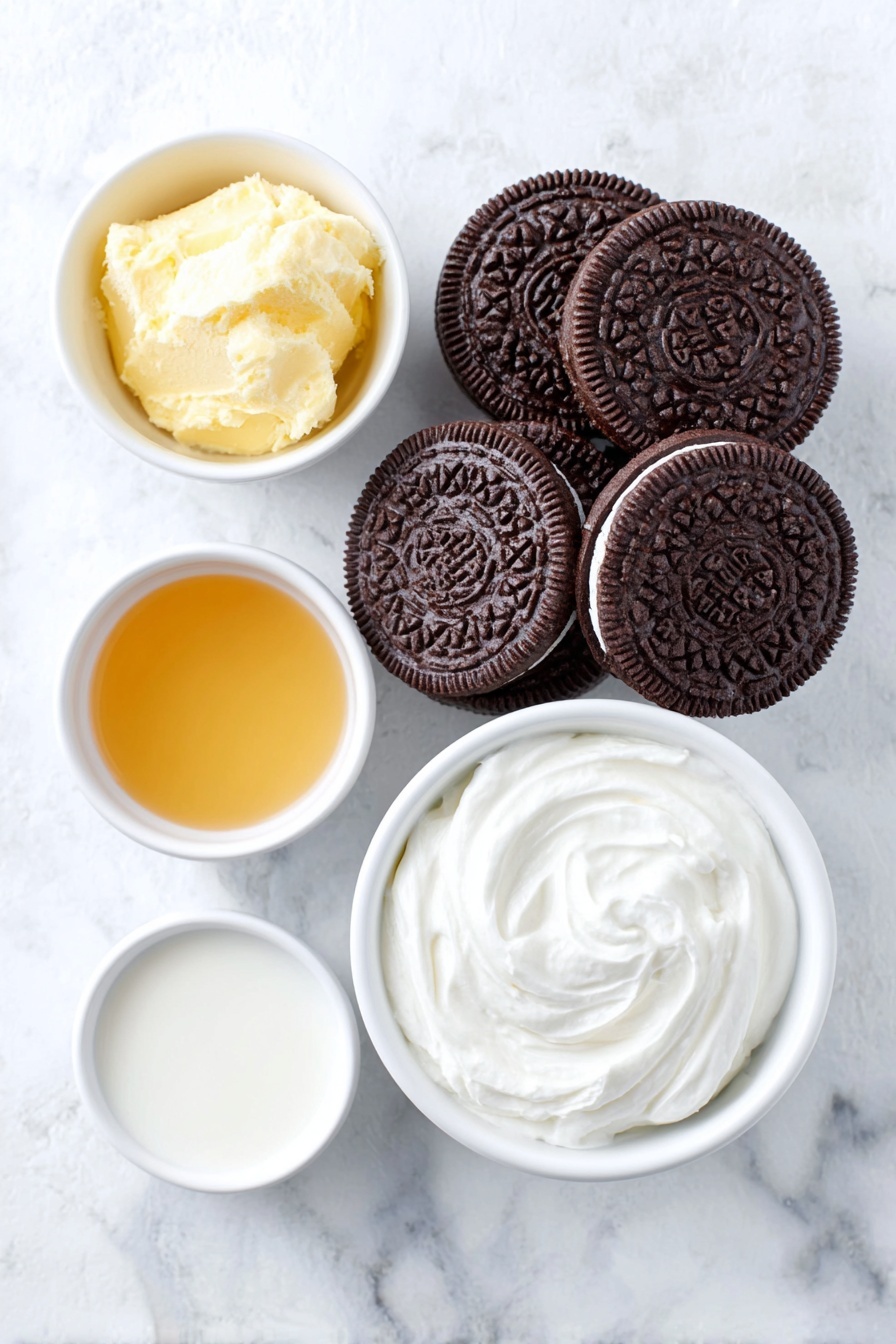 Oreo Ice Cream Sandwiches Recipe 7 Flat lay of whole Oreo cookies with their distinct black-and-white pattern, a small white bowl of melted golden butter, a small white bowl of thick white heavy cream, a small white bowl of glossy condensed milk, and a small white bowl containing clear vanilla extract, all arranged symmetrically with perfect proportions on a clean white marble surface, soft natural light, photo taken with an iPhone, professional food photography style, fresh ingredients, white ceramic bowls, no bottles, no duplicates, no utensils, no packaging --ar 2:3 --v 7 --p m7354615311229779997 - Oreo Ice Cream Sandwiches, no-bake Oreo dessert, easy ice cream sandwiches, homemade Oreo dessert, summer ice cream treat