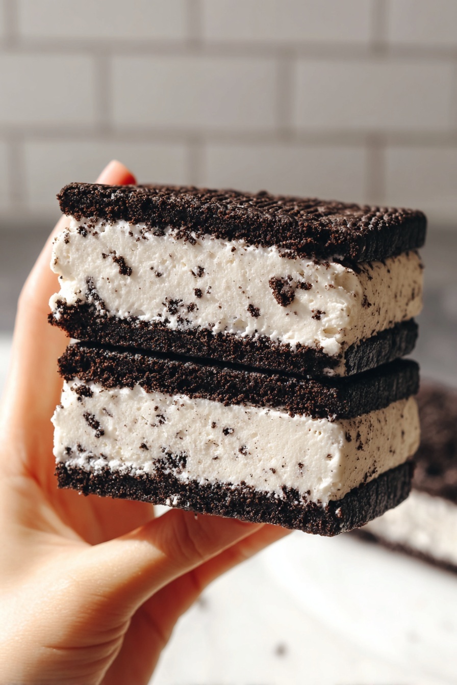 Oreo Ice Cream Sandwiches Recipe 6 A close-up view of a thick ice cream sandwich held by a woman's hand. The sandwich has three layers: two dark brown, almost black, soft cookie layers on the top and bottom with a thick middle layer of light cream-colored ice cream speckled with small dark cookie crumbs. The texture of the cookie layers looks moist and dense, while the ice cream is creamy and slightly melting around the edges. The background shows a white marbled surface and blurred tiles that add a clean simple look. Photo taken with an iphone --ar 2:3 --v 7 - Oreo Ice Cream Sandwiches, no-bake Oreo dessert, easy ice cream sandwiches, homemade Oreo dessert, summer ice cream treat