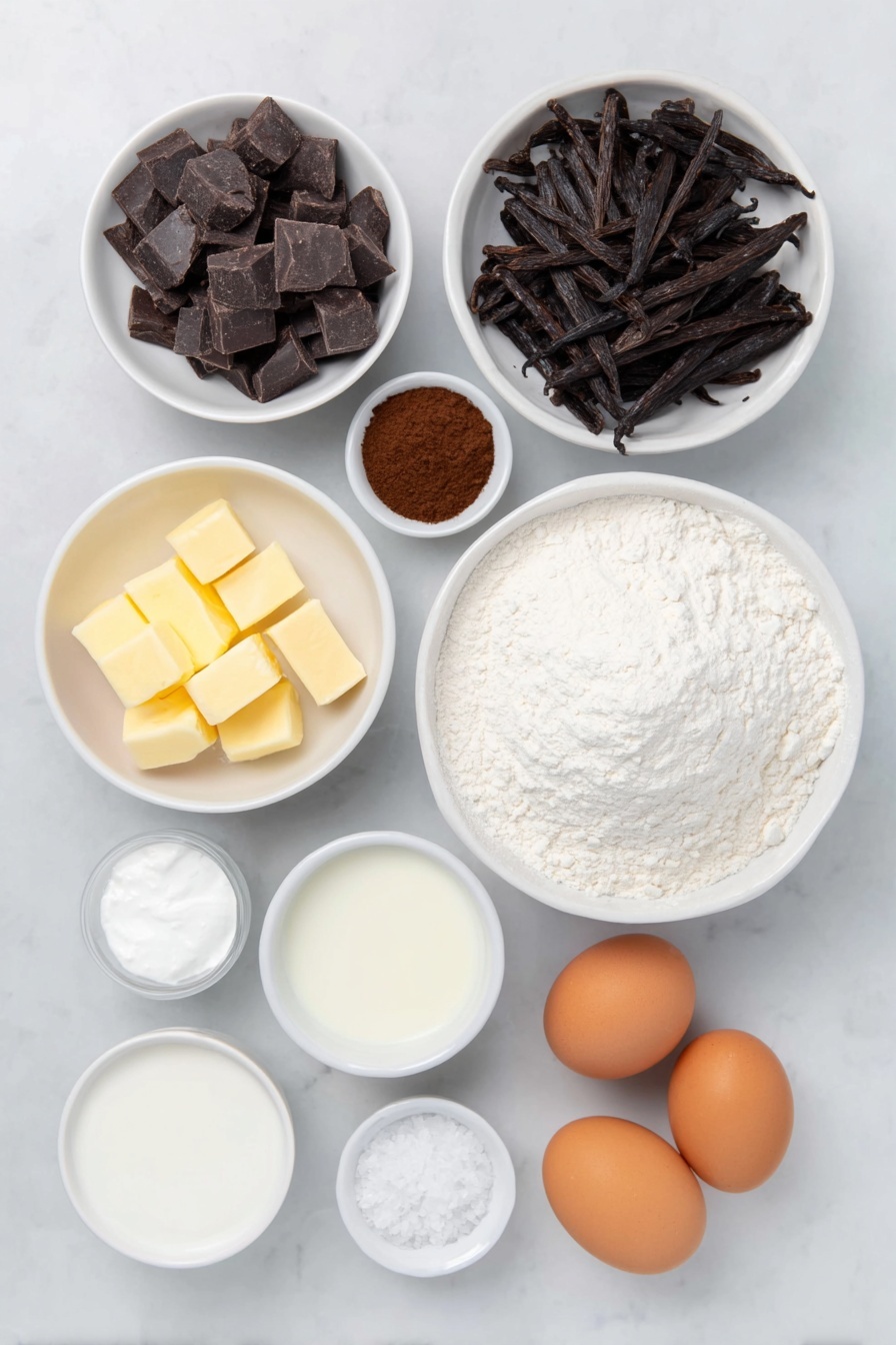 Chocolate Cream Puffs with Pastry Cream Recipe 7 Flat lay of a small pile of rich dark chocolate chunks, a few whole large brown eggs with clean shells, a mound of plain white flour, a small white bowl filled with granulated sugar, a small white bowl holding fine cocoa powder, a few sprigs of fresh vanilla bean pods, a small white bowl of unsalted cubed butter, a small white bowl containing smooth heavy cream, a small white bowl with whole milk, a small white bowl filled with water, a pinch of sea salt crystals in a small white bowl, all arranged in perfect symmetry and balanced proportion, placed on a clean white marble surface, soft natural light, photo taken with an iPhone, professional food photography style, fresh ingredients, white ceramic bowls, no bottles, no duplicates, no utensils, no packaging --ar 2:3 --v 7 --p m7354615311229779997 - Chocolate Cream Puffs with Pastry Cream, Chocolate Choux Pastry, How to Make Cream Puffs, Homemade Chocolate Filled Pastries, French Cream Puff Dessert