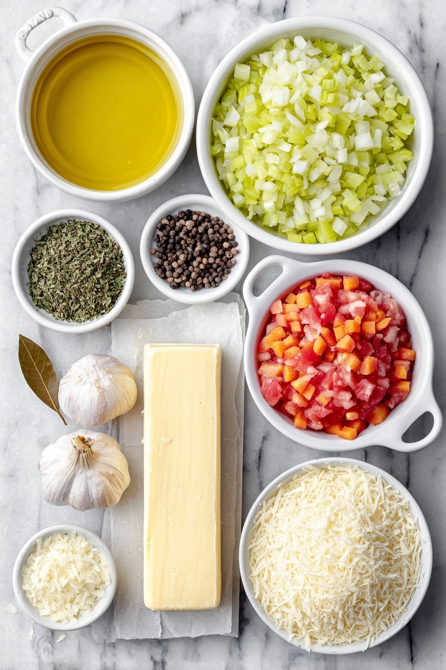 Tomato Basil Parmesan Soup Recipe 7 Flat lay of a small white ceramic bowl of golden olive oil, a neat pile of finely diced bright orange carrots, a small mound of finely diced pale green celery, a small heap of finely diced white onions, three whole uncracked garlic cloves, a small white bowl filled with dried greenish oregano, a small white bowl of dried dark green basil leaves, a small white bowl of coarse white salt, a small white bowl of whole black peppercorns, a white ceramic bowl holding plump red petite diced tomatoes with juice, a small white ceramic bowl filled with clear vegetable broth, a single dried brown bay leaf, a rectangular stick of pale yellow salted butter, a small white bowl of fine white flour, a small white bowl overflowing with freshly grated pale yellow parmesan cheese, and a small white bowl of creamy off-white half and half arranged with perfect symmetry, placed on a clean white marble surface, soft natural light, photo taken with an iPhone, professional food photography style, fresh ingredients, white ceramic bowls, no bottles, no duplicates, no utensils, no packaging --ar 2:3 --v 7 --p m7354615311229779997 - Tomato Basil Parmesan Soup, Tomato Basil Parmesan Soup Recipe, Creamy Tomato Soup with Basil, Easy Tomato Basil Soup, Healthy Tomato Basil Parmesan Soup