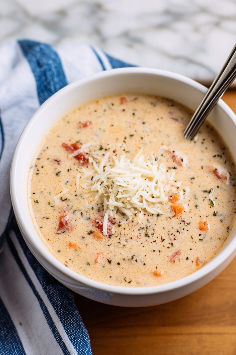 Tomato Basil Parmesan Soup Recipe 6 A creamy soup served in a white bowl showing a thick light beige liquid base with small pieces of orange carrots, red tomatoes, and herbs scattered throughout. There is a small mound of shredded white cheese in the center on top, and tiny black pepper specks spread over the surface of the soup. A metal spoon is placed inside the bowl at the back right edge. The bowl sits on a wooden table next to a blue and white striped cloth. The background has a white marbled texture. photo taken with an iphone --ar 2:3 --v 7 - Tomato Basil Parmesan Soup, Tomato Basil Parmesan Soup Recipe, Creamy Tomato Soup with Basil, Easy Tomato Basil Soup, Healthy Tomato Basil Parmesan Soup