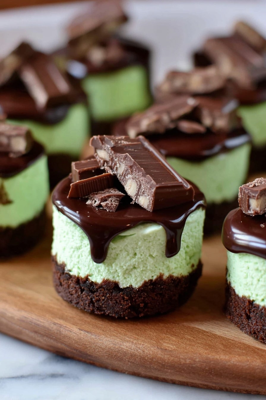 Andes Mint Mini Cheesecake Bites Recipe 8 This image shows several small round desserts with three layers on a wooden board placed on a white marbled surface. The bottom layer is dark brown and crumbly like a cookie crust. The middle layer is light green and creamy with a smooth texture. The top layer is shiny dark chocolate that slightly drips down the sides. Each dessert is topped with pieces of chocolate candy bars arranged in small piles. The photo taken with an iphone --ar 2:3 --v 7 - Andes Mint Mini Cheesecake Bites, mint chocolate cheesecake, mini cheesecake recipes, no-bake cheesecake bites, mint dessert ideas