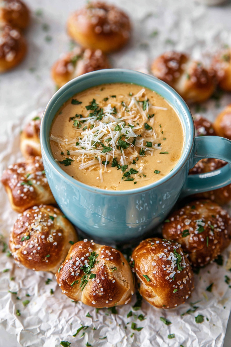 Irish Beer Cheese Dip Recipe 8 A light blue cup filled with creamy tan cheese sauce topped with small shredded white and orange cheese pieces and sprinkled with chopped green herbs sits in the center. Surrounding the cup is a ring of small, golden-brown soft pretzel bites sprinkled with large white salt crystals and bits of green herbs. The cup and pretzel bites rest on crinkled parchment paper over a white marbled surface. photo taken with an iphone --ar 2:3 --v 7 - Irish Beer Cheese Dip, Irish cheese dip, beer cheese dip, cheesy Irish appetizer, quick beer cheese dip