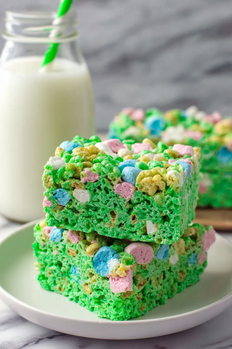 Lucky Charms Rice Krispie Treats Recipe 8 The image shows two thick, square cereal treats stacked on top of each other on a white plate. The treats are bright green with a rough, bumpy texture, and they are filled with colorful marshmallow pieces in pink, blue, yellow, and white, scattered throughout each layer. The top treat is slightly tilted, showing the layers clearly with the colorful bits inside. In the background, there is a glass bottle of milk with a green and white striped straw, placed on a white marbled surface. Photo taken with an iphone --ar 2:3 --v 7 - Lucky Charms Rice Krispie Treats, colorful cereal treats, marshmallow rice krispie bars, fun kid-friendly desserts, quick no-bake treats