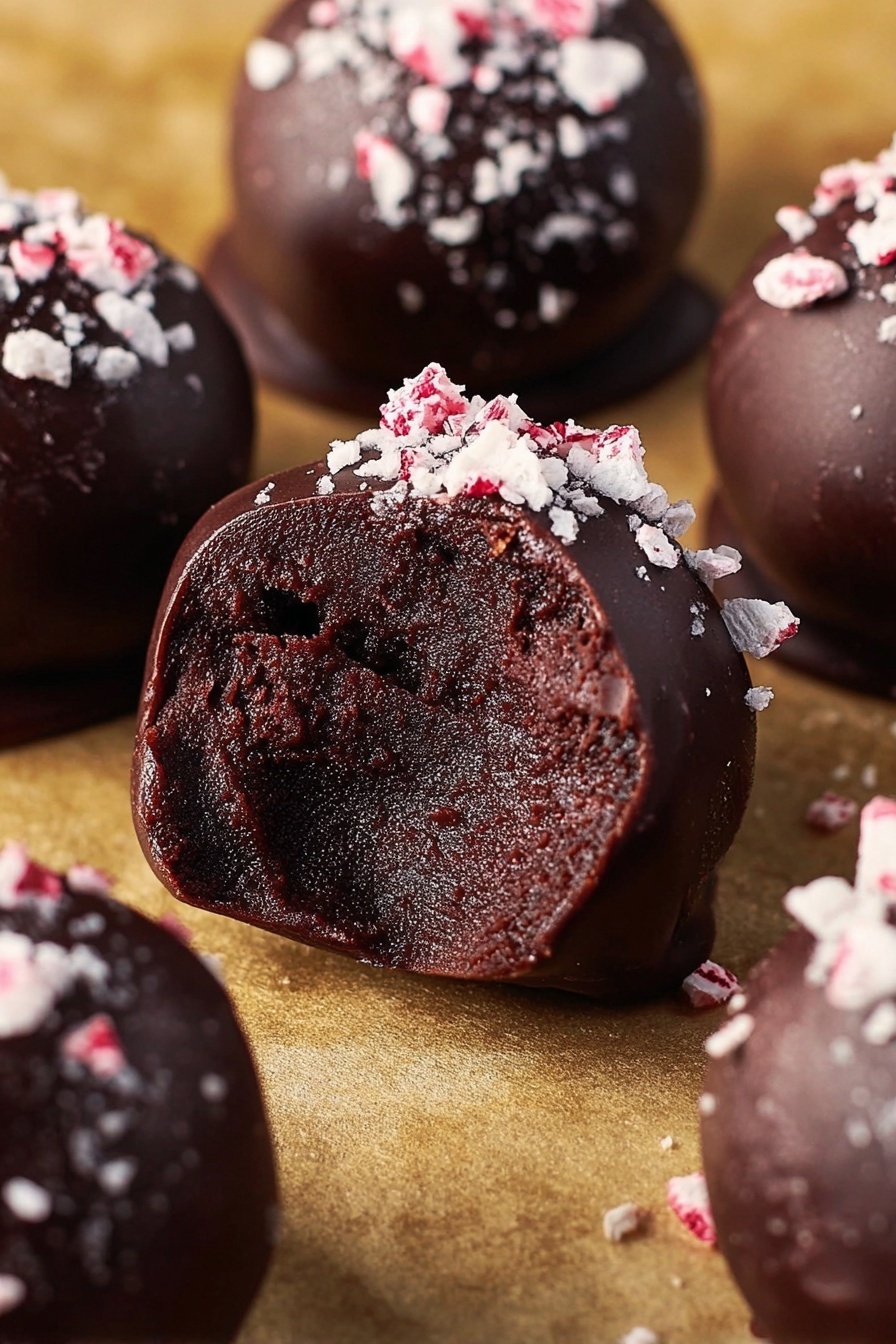 Peppermint Oreo Truffles Recipe 6 The image shows several round chocolate truffles with a smooth dark chocolate coating. Each truffle is topped with small white and pinkish crushed candy pieces. One truffle in the center is bitten to show a dense, dark, and moist chocolate inside, with a thick chocolate outer layer. The truffles rest on a soft golden surface with a slight shine. The texture of the chocolate coating looks rich and smooth, while the crushed candies create a rough contrast on top. photo taken with an iphone --ar 2:3 --v 7 - Peppermint Oreo Truffles, peppermint Oreo truffles recipe, holiday peppermint truffles, easy peppermint desserts, minty Oreo treats