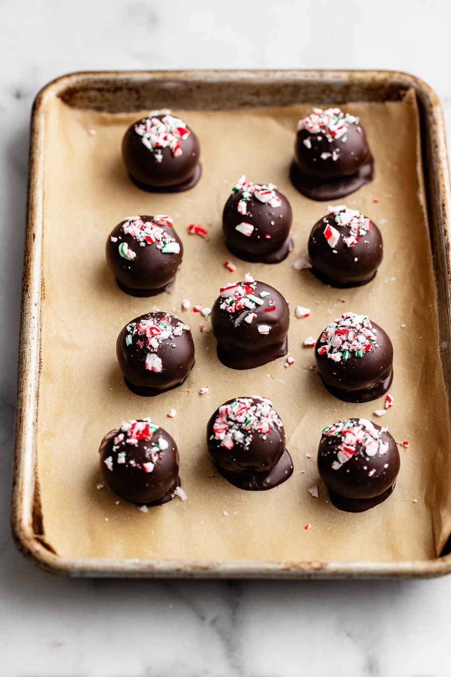 Peppermint Oreo Truffles Recipe 8 The image shows a baking tray lined with light brown parchment paper, holding 12 small, round chocolate balls. Each chocolate ball is smooth and dark brown with a shiny texture, topped with white and red crushed candy pieces. The tray is placed on a white marbled surface, and the chocolate balls are arranged in three uneven rows, with some pieces slightly melted and spreading a little onto the paper. The overall look is clean and inviting, with a clear focus on the contrast between the dark chocolate and the bright candy sprinkles. photo taken with an iphone --ar 2:3 --v 7 - Peppermint Oreo Truffles, peppermint Oreo truffles recipe, holiday peppermint truffles, easy peppermint desserts, minty Oreo treats