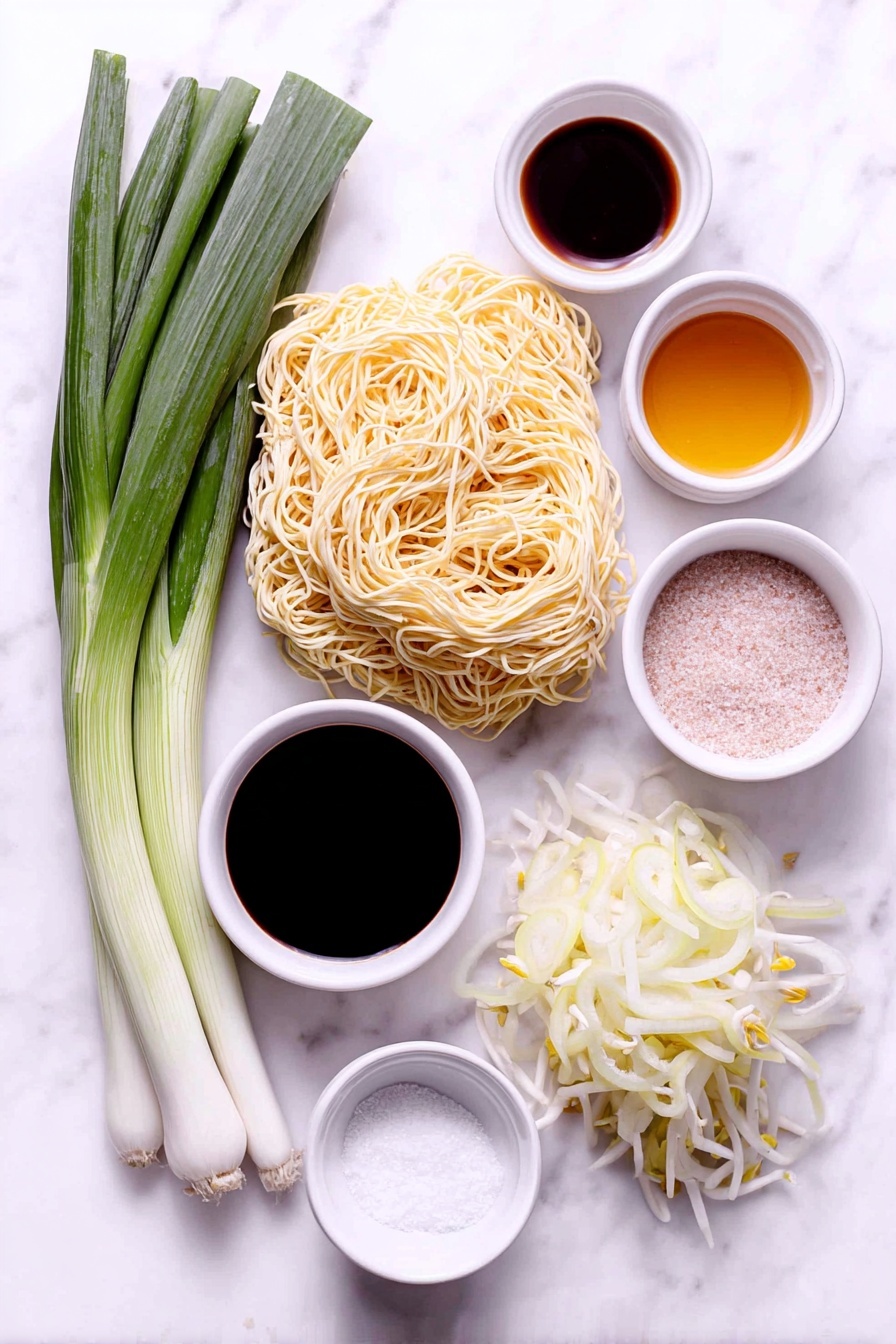 Cantonese Chow Mein Stir Fry Recipe 7 Flat lay of fresh thin pale yellow chow mein egg noodles neatly coiled, a small pile of thinly sliced translucent yellow onion, five crisp green onion stalks cut into short pieces showing white bulbs and vibrant green tops, a small mound of crisp white bean sprouts with subtle green tips, three small white ceramic bowls each containing golden corn oil, dark brown glossy mixture of soy and oyster sauces, and light amber sesame oil, all ingredients arranged symmetrically with space between them, placed on a clean white marble surface, soft natural light, photo taken with an iPhone, professional food photography style, fresh ingredients, white ceramic bowls, no bottles, no duplicates, no utensils, no packaging --ar 2:3 --v 7 --p m7354615311229779997 - Cantonese Chow Mein Stir Fry, Chinese noodle stir-fry recipe, crispy chow mein noodles, easy Cantonese stir-fry, takeout-style noodle dish