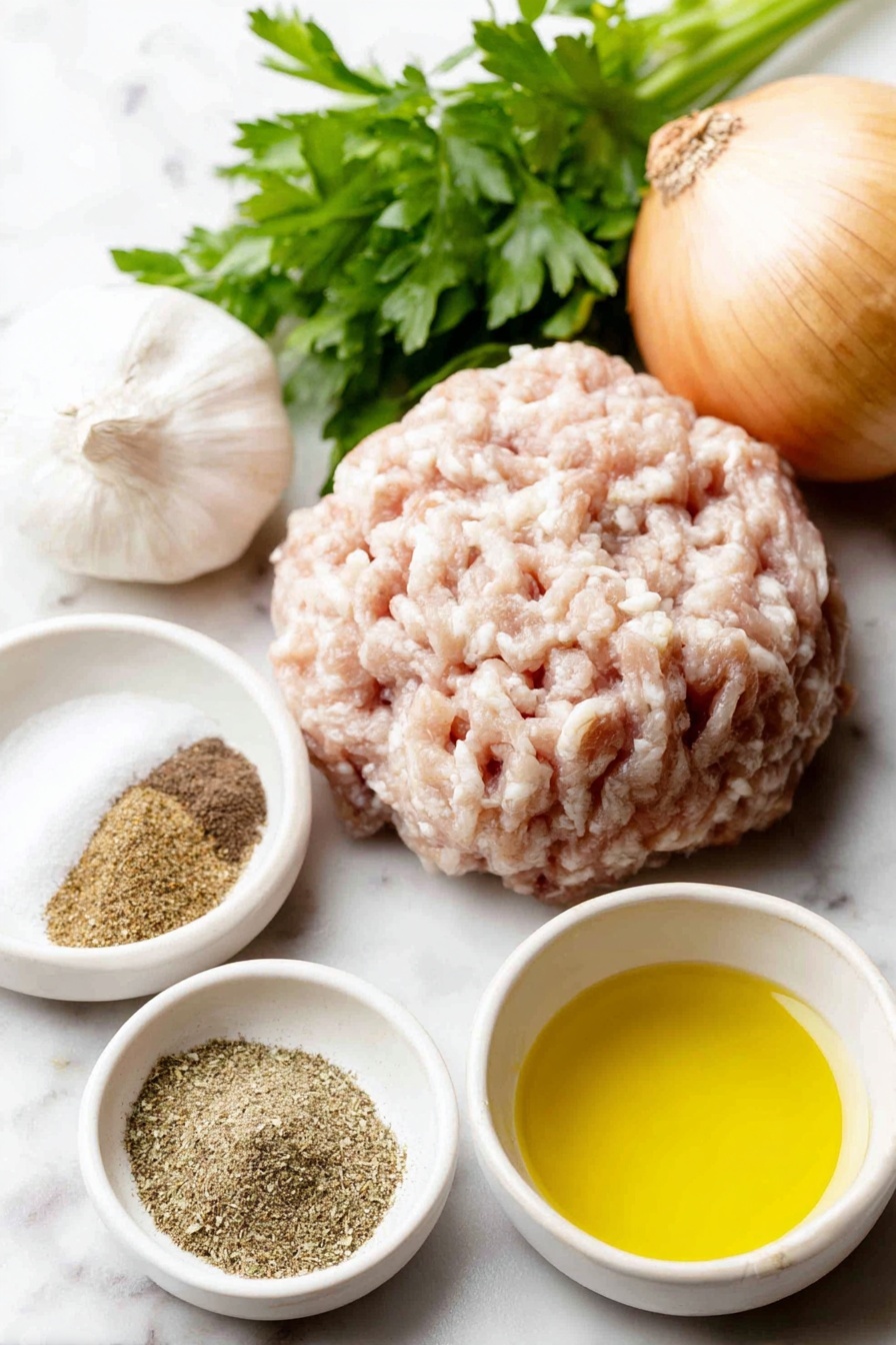 Grilled Chicken Kofta with Garlic Yogurt Sauce Recipe 7 Flat lay of fresh raw ground chicken in a mound, a medium peeled onion whole and uncut, three whole garlic bulbs with a few cloves separated, a small bunch of fresh parsley sprigs, small white ceramic bowls containing ground cumin, ground coriander, fine salt, and ground black pepper, a simple white bowl with plain creamy yogurt, a small white bowl filled with freshly squeezed lemon juice, and a small white bowl with golden olive oil, all arranged symmetrically on a clean white marble surface, soft natural light, photo taken with an iPhone, professional food photography style, fresh ingredients, white ceramic bowls, no bottles, no duplicates, no utensils, no packaging --ar 2:3 --v 7 --p m7354615311229779997 - Grilled Chicken Kofta with Garlic Yogurt Sauce, Chicken Kofta Recipe, Spicy Chicken Kofta, Quick Chicken Dinner, Middle Eastern Chicken Skewers