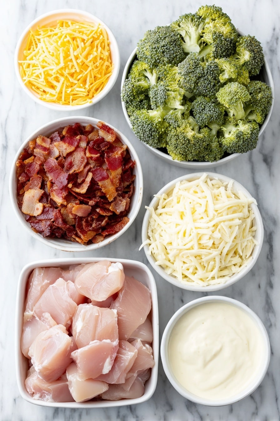 Chicken Bacon Ranch Casserole Recipe 7 Flat lay of fresh boneless skinless chicken breasts cut into cubes, several crispy golden-brown chopped bacon pieces, three peeled garlic cloves, a small white ceramic bowl of creamy ranch dressing, a small white ceramic bowl with shredded mozzarella cheese, a small white ceramic bowl with shredded cheddar cheese, bright green broccoli florets arranged neatly, placed on a clean white marble surface, soft natural light, photo taken with an iPhone, professional food photography style, fresh ingredients, white ceramic bowls, no bottles, no duplicates, no utensils, no packaging --ar 2:3 --v 7 --p m7354615311229779997 - Chicken Bacon Ranch Casserole, easy chicken bake with bacon and ranch, cheesy chicken casserole recipe, quick weeknight dinner ideas, crowd-pleasing chicken bake