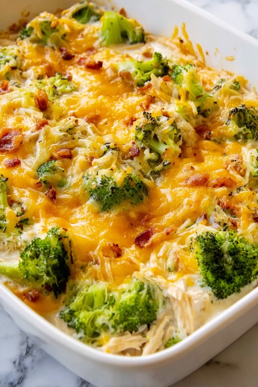 Chicken Bacon Ranch Casserole Recipe 8 The image shows a white rectangular dish filled with a creamy casserole that has multiple layers. The bottom layer is creamy white sauce mixed with shredded light-colored chicken. On top, there are bright green broccoli florets evenly spread across the dish. The top layer features melted mixed cheese that is golden yellow and slightly crispy, covering the broccoli and chicken in patches. The casserole has a thick, rich texture with some toasted bits of cheese and browned spots creating a warm, appetizing look. Photo taken with an iphone --ar 2:3 --v 7 - Chicken Bacon Ranch Casserole, easy chicken bake with bacon and ranch, cheesy chicken casserole recipe, quick weeknight dinner ideas, crowd-pleasing chicken bake