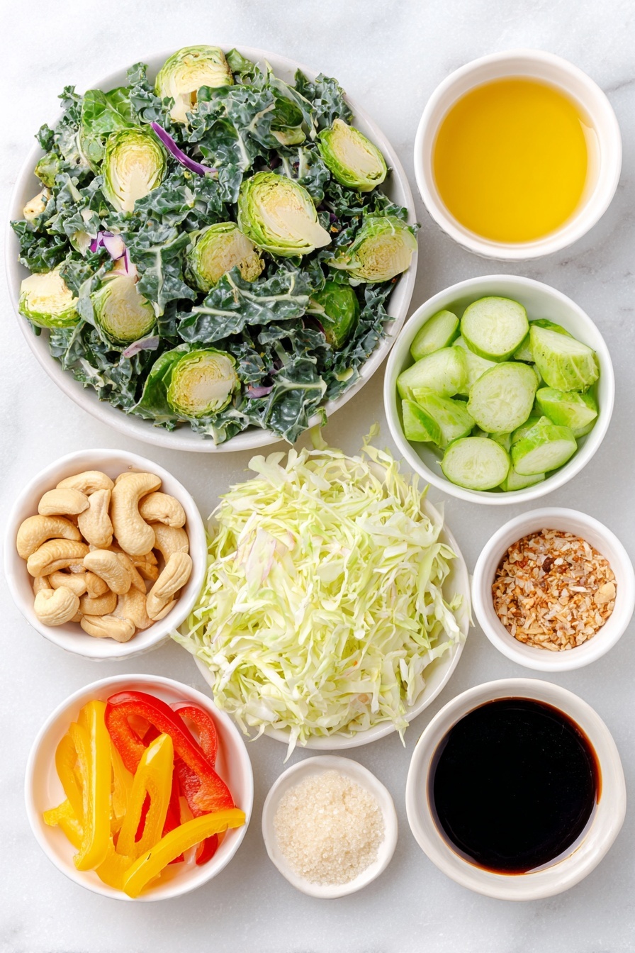 Asian Cashew Crunch Salad Recipe 7 Flat lay of a small heap of tender kale slaw mix with finely chopped kale, sliced Brussels sprouts, and purple cabbage, a pile of shredded green cabbage, diced cucumber cubes, a small mound of shredded bright orange carrots, thinly sliced red, orange, and yellow bell pepper strips, a small pile of thinly sliced green scallions, a small heap of coarsely chopped raw cashews, a small white bowl of dark soy sauce, a small white bowl of finely grated fresh ginger, a small white bowl of clear rice wine vinegar, a small white bowl of pale fresh lime juice, a small white bowl of light brown sugar crystals, a small white bowl with a pinch of crushed red pepper flakes, a small white bowl filled with golden avocado oil, placed on a clean white marble surface, soft natural light, photo taken with an iPhone, professional food photography style, fresh ingredients, white ceramic bowls, no bottles, no duplicates, no utensils, no packaging --ar 2:3 --v 7 --p m7354615311229779997 - Asian Cashew Crunch Salad, crunchy vegetable salad with cashews, tangy Asian salad recipe, healthy seafood salad, easy Asian salad ideas