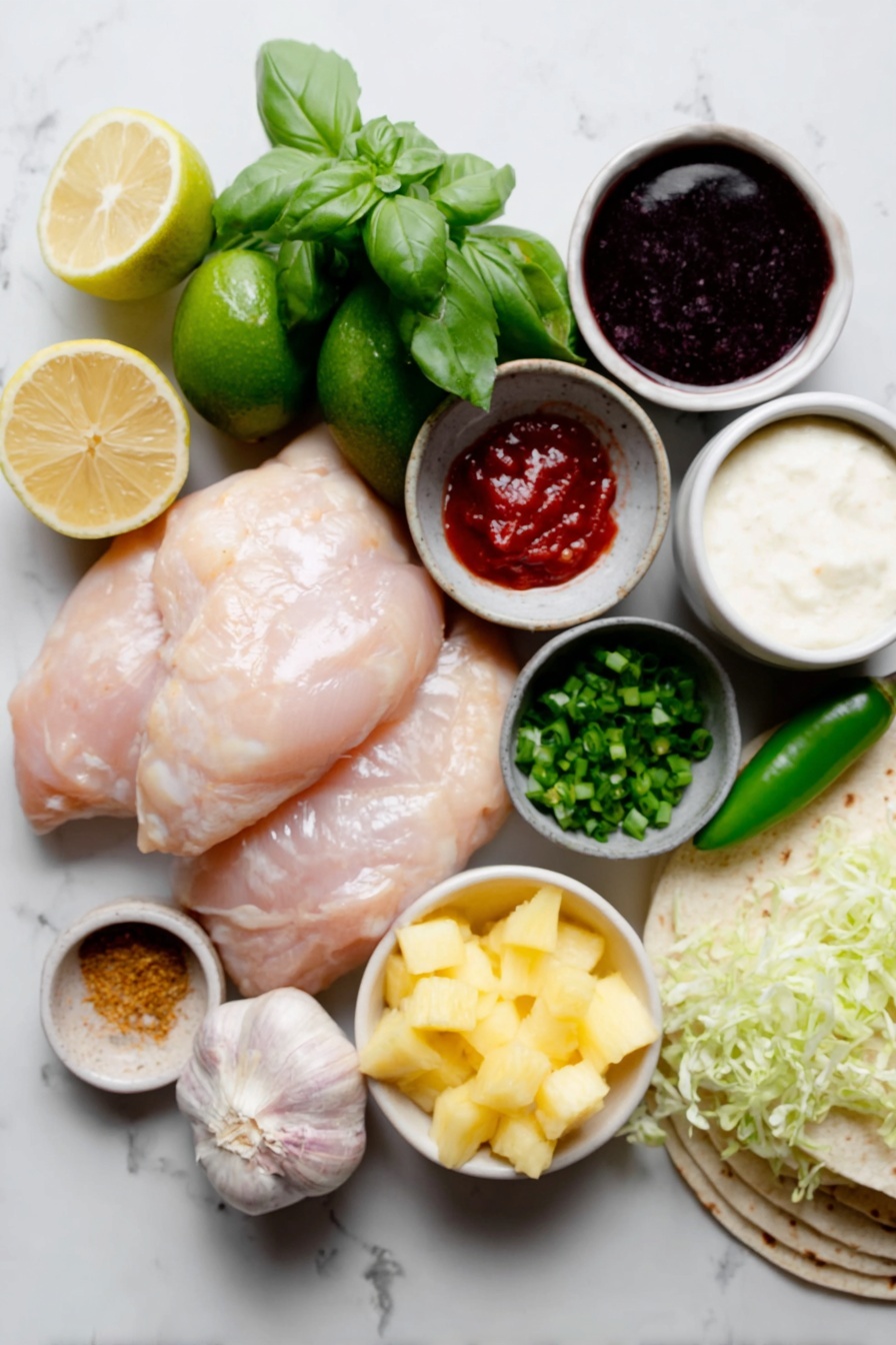 Flache Platte aus zwei ganzen, ungebrochenen braunen Hähnchenbrust, vier geschälten Knoblauchzehen, zwei ganzen Schalotten mit papieriger Schale, einer kleinen weißen Keramikschale aus leuchtend pinkem eingelegtem Ingwer, einer kleinen weißen Keramikschale mit tiefbrauner Sojasauce, einer kleinen weißen Keramikschale aus leuchtend roter Sriracha, einer kleinen weißen Keramikschale mit goldenem Chilipulver,  Eine Handvoll frischer, leuchtend grüner Korianderzweige, zwei frische grüne Jalapeños, ein kleiner Haufen frischer Ananasstücke mit leuchtend gelbem Fruchtfleisch, eine kleine weiße Keramikschale mit cremiger weißer Sauerrahm, eine kleine weiße Keramikschale blasse Mayo, eine kleine weiße Keramikschale mit frischem Zitronensaft, frische ganze Basilikumblätter, frisch gehackten Schnittlauch,  ein paar ganze große grüne Avocados, die in zwei Hälften geschnitten sind und ihr cremiges Inneres zeigen, ein kleiner Haufen zerrissenen, hellgrünen Salat und ein Stapel weicher, warmer weißer Maistortillas, alles perfekt symmetrisch auf einer sauberen weißen Marmoroberfläche angeordnet, weiches natürliches Licht, Fotos mit einem iPhone, professioneller Food-Fotografie-Stil, frische Zutaten, weiße Keramikschalen,  keine Flaschen, keine Duplikate, kein Besteck, keine Verpackung --ar 2:3 --v 7 --p m7354615311229779997 - Hawaiian Chicken Tacos mit Ananas-Salsa, tropisches Hähnchen-Taco-Rezept, einfache hawaiianische Hähnchen-Tacos, Ananas-Salsa-Hähnchen-Tacos, geschmackvolle Taco-Rezepte