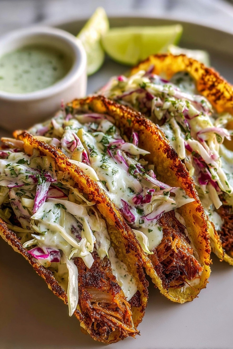 Dill Pickle Chicken Tacos with Crispy Cheese Recipe 6 Three tacos are placed closely side by side on a white rectangular plate over a white marbled surface. Each taco has a crispy golden-brown shell with a lacy, crunchy texture on its edges. Inside the shell, there is a thick piece of grilled meat at the bottom, showing a dark brown, slightly charred texture. Above the meat, there is a layer of thin, light green shredded cabbage mixed with some creamy white sauce that has bits of green herbs. On top of everything, small clumps of white cheese with green specks are scattered. In the background, a small white cup with a yellow liquid is partially visible. Photo taken with an iphone --ar 2:3 --v 7 - Dill Pickle Chicken Tacos, Dill Pickle Chicken Tacos with Crispy Cheese, Easy Chicken Tacos with Dill Pickles, Crispy Cheese Chicken Tacos, Unique Taco Recipes