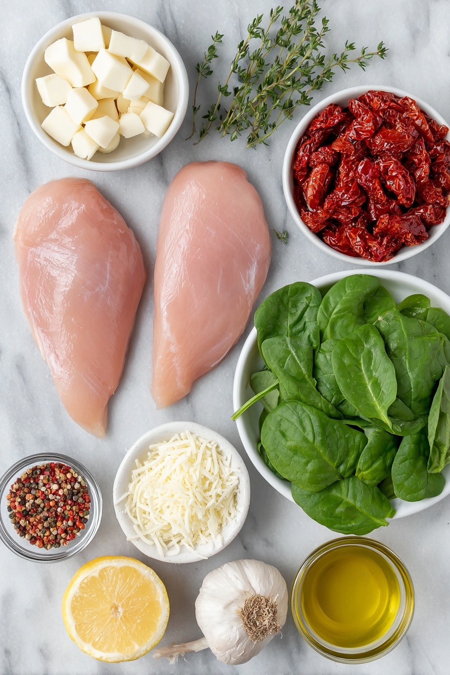 Flache Platte aus zwei rohen Hähnchenbrust, einer kleinen Handvoll frischer Spinatblätter, einem kleinen Haufen ungekochter Orzo-Pasta, einem kleinen Haufen leuchtend roter sonnengetrockneter Tomaten, ein paar ganzen Knoblauchzehen mit Schalen, einer kleinen weißen Schüssel mit goldenem Olivenöl, einer kleinen weißen Schüssel mit cremigen, ungesalzenen Butterwürfeln, einer kleinen weißen Schale mit Weißwein,  eine kleine weiße Schüssel gefüllt mit Sahne, frischen Thymianzweigen, frischen Basilikumblättern ganz und in Scheiben, eine kleine weiße Schale frisch geriebenem Parmesankäse, eine Schalottenknolle, eine halb geschnittene Zitronen, kleine weiße Schalen mit roten Pfefferflocken, Salz und ganze schwarze Pfefferkörner, alles perfekt symmetrisch auf einer sauberen weißen Keramikoberfläche auf einer sauberen weißen Marmoroberfläche angeordnet,  weiches natürliches Licht, Foto mit einem iPhone, professioneller Food-Fotografie-Stil, frische Zutaten, weiße Keramikschalen, keine Flaschen, keine Duplikate, kein Besteck, keine Verpackung --ar 2:3 --v 7 --p m7354615311229779997 - Cremiges, sonnengetrocknetes Tomaten-Hähnchen-Orzo, cremiges Hähnchen-Orzo mit sonnengetrockneten Tomaten, einfaches Hähnchen-Orzo-Rezept, sonnengetrocknete Tomaten-Nudelgericht, Ein-Pfanne-Hähnchen-Orzo