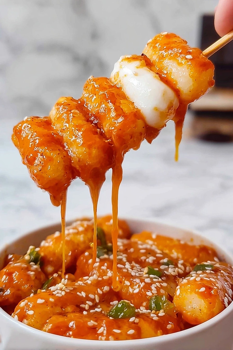 Cheese Tteokbokki with Homemade Rice Cakes Recipe 6 The image shows three cylindrical rice cakes on a wooden skewer, covered in a shiny bright orange sauce that drips down in long strands. One rice cake has white melted cheese with a soft texture on the side, and another has white sesame seeds sprinkled on top. The rice cakes have a smooth, slightly glossy surface. Below the skewer is a white bowl full of the same orange sauce with more rice cakes and some green chopped vegetables mixed in, all resting on a white marbled surface. A woman's hand holds the skewer from the right side. Photo taken with an iphone --ar 2:3 --v 7 - Cheese Tteokbokki with Homemade Rice Cakes, Korean street food recipe, cheesy spicy rice cake dish, homemade Korean Tteokbokki, easy Korean street food