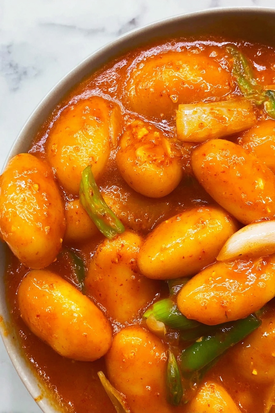 Cheese Tteokbokki with Homemade Rice Cakes Recipe 8 This image shows a close-up of a dish with soft, oval rice cakes in a thick, shiny orange sauce. The sauce looks rich and sticky, coating the rice cakes evenly. Mixed in are pieces of green vegetables and slices of white onion, adding color contrast and texture. The rice cakes are densely packed, and the bubbles in the sauce show it's hot and freshly cooked. The background has a white marbled texture. Photo taken with an iphone --ar 2:3 --v 7 - Cheese Tteokbokki with Homemade Rice Cakes, Korean street food recipe, cheesy spicy rice cake dish, homemade Korean Tteokbokki, easy Korean street food