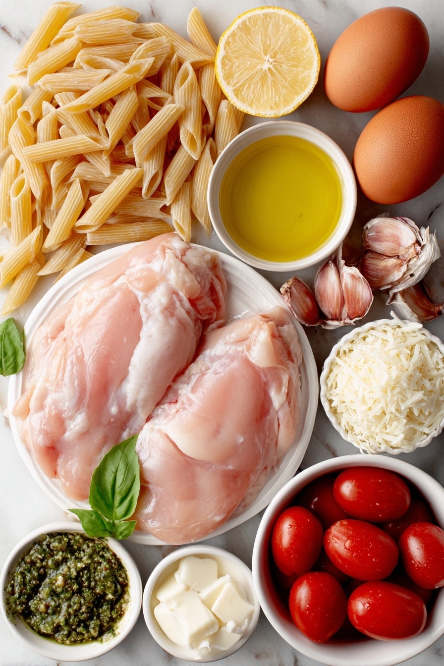 Creamy Pesto Chicken Pasta Recipe 7 Flat lay of dry penne pasta scattered neatly, two raw chicken breasts with smooth pale pink skin, a small white bowl filled with golden olive oil, two whole brown garlic bulbs, a small white bowl of finely grated Parmesan cheese, fresh green pesto in a small white bowl, a lemon sliced in half with visible bright yellow zest, a small white bowl containing light cream, a few halved glossy red cherry tomatoes, and two whole brown eggs, all arranged symmetrically on a clean white marble surface, soft natural light, photo taken with an iPhone, professional food photography style, fresh ingredients, white ceramic bowls, no bottles, no duplicates, no utensils, no packaging --ar 2:3 --v 7 --p m7354615311229779997 - Creamy Pesto Chicken Pasta, easy creamy chicken pasta, quick pesto pasta, homemade chicken pasta recipe, flavorful pasta dishes