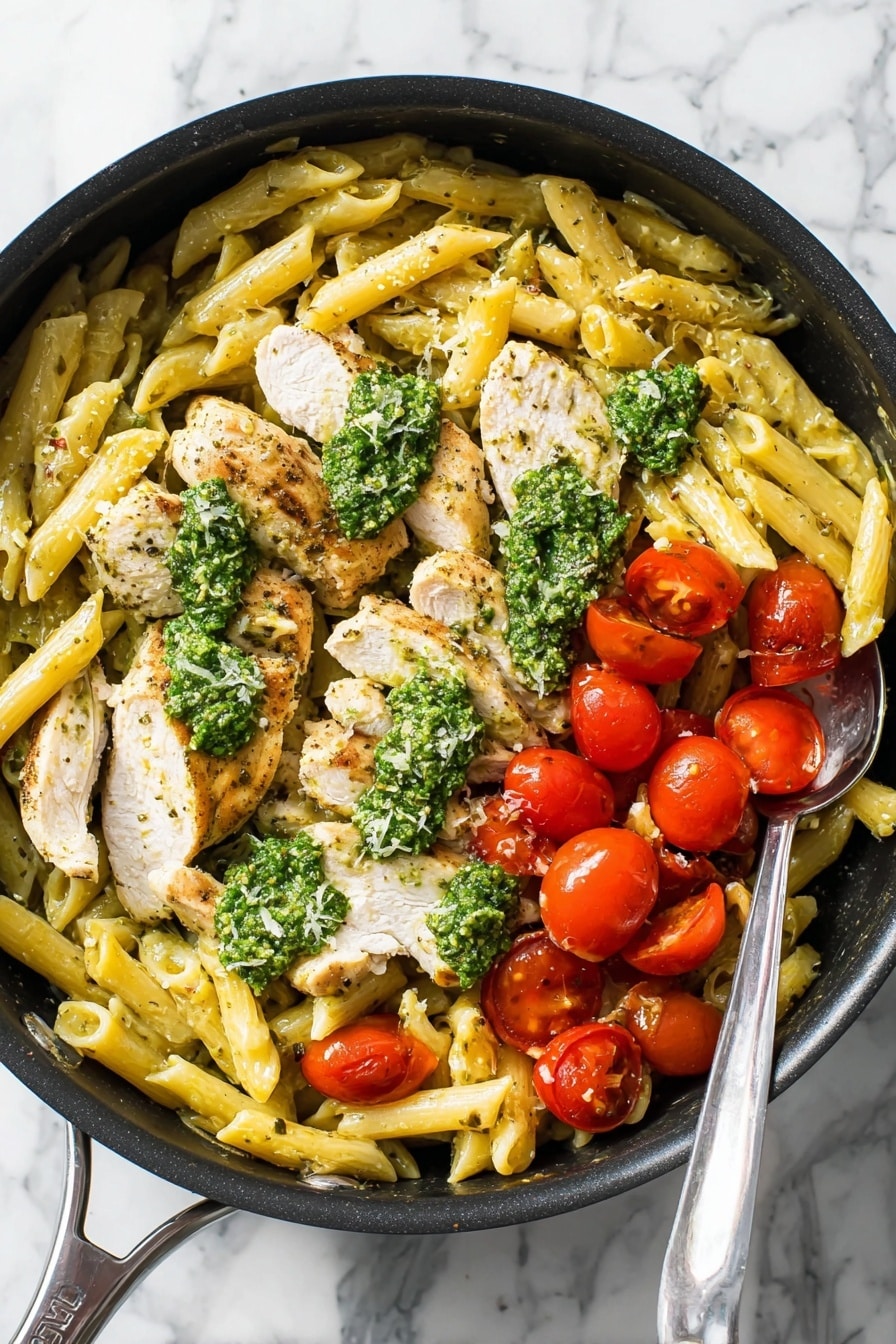 Creamy Pesto Chicken Pasta Recipe 8 A black pan filled with three main layers: the bottom layer is light yellow penne pasta mixed with specks of green pesto, the middle layer has several pieces of cooked, lightly browned chicken placed on top of the pasta, and the top layer shows dollops of vibrant green pesto and scattered halved bright red cherry tomatoes. A silver spoon rests inside the pan on the right side. The scene is set on a white marbled surface. photo taken with an iphone --ar 2:3 --v 7 - Creamy Pesto Chicken Pasta, easy creamy chicken pasta, quick pesto pasta, homemade chicken pasta recipe, flavorful pasta dishes