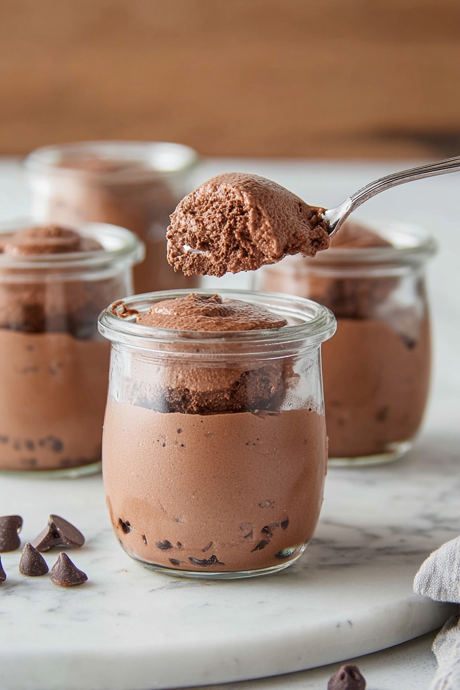 Cottage Cheese Chocolate Mousse Recipe 8 Four clear glass jars are filled with chocolate mousse. Each jar shows two layers of smooth, light brown mousse with small bits of darker chocolate blended in. The top layer in the front jar is being lifted by a silver spoon, showing its fluffy, airy texture. There are a few dark chocolate chips scattered on and around the jars on a white marbled surface. The background is simple and wooden. photo taken with an iphone --ar 2:3 --v 7 - Cottage Cheese Chocolate Mousse, healthy chocolate mousse, protein-packed dessert, easy chocolate mousse recipe, whipped cottage cheese dessert