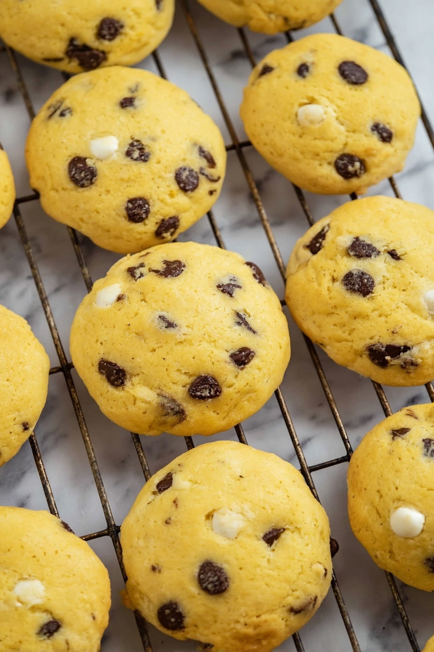 Cottage Cheese Chocolate Chip Cookies Recipe 8 The image shows a close-up of about a dozen thick, round cookies with golden-yellow tops and smooth, slightly bumpy texture. Each cookie has scattered dark chocolate chips and white chocolate chips embedded inside. The cookies rest on a metal grid cooling rack, which is placed on a white marbled surface. The cookies are arranged unevenly, some overlapping at the edges. The light highlights soft shadows under the rack and around the cookies, giving a fresh-baked feel. photo taken with an iphone --ar 2:3 --v 7 - Cottage Cheese Chocolate Chip Cookies, healthy cookie recipes, soft chocolate chip cookies, nutritious dessert ideas, quick simple cookies