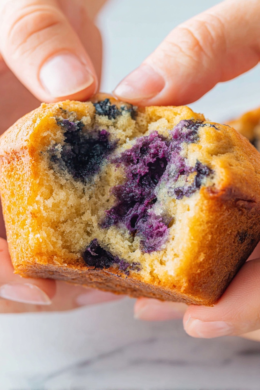 Blueberry Cottage Cheese Muffins Recipe 6 The image shows a close-up of a blueberry muffin being pulled apart by a pair of woman's hands. The muffin has one visible layer, with a golden brown outside and a soft, moist inside speckled with dark purple blueberry pieces. The texture inside looks light and fluffy, with the blueberries creating uneven dark purple blotches mixed into the pale yellow cake. The background is simple and blurred, with a white marbled texture visible underneath. Photo taken with an iphone --ar 2:3 --v 7 - Blueberry Cottage Cheese Muffins, blueberry muffins with cottage cheese, healthy blueberry muffin recipe, moist blueberry muffins, easy blueberry muffin recipe