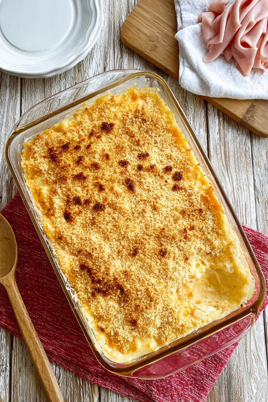 Einfaches und köstliches Abendessen unter der Woche 3 Eine goldbraune Backform in einer klaren rechteckigen Backform mit knusprigem, strukturiertem Käse- und Semmelkrem-Topping, das gleichmäßig gebräunt ist, mit einigen dunkleren Flecken. Die Auflaufform steht auf einem roten Tuch auf einem Holztisch. Im Hintergrund liegen Scheiben hellrosa Fleisch auf einem Holzschneidebrett, einem Holzlöffel und einem weißen Teller auf einer weiß marmorierten Oberfläche. Eine weiße Stoffserviette liegt in der Nähe. Die Beleuchtung ist hell und natürlich. Foto mit einem iPhone aufgenommen --ar 2:3 --v 7 - Chicken Cordon Bleu Auflauf, ganz einfach. Hähnchenauflauf, käsiges gebackenes Hähnchen, Abendessen-Ideen, knusprige Auflaufrezepte