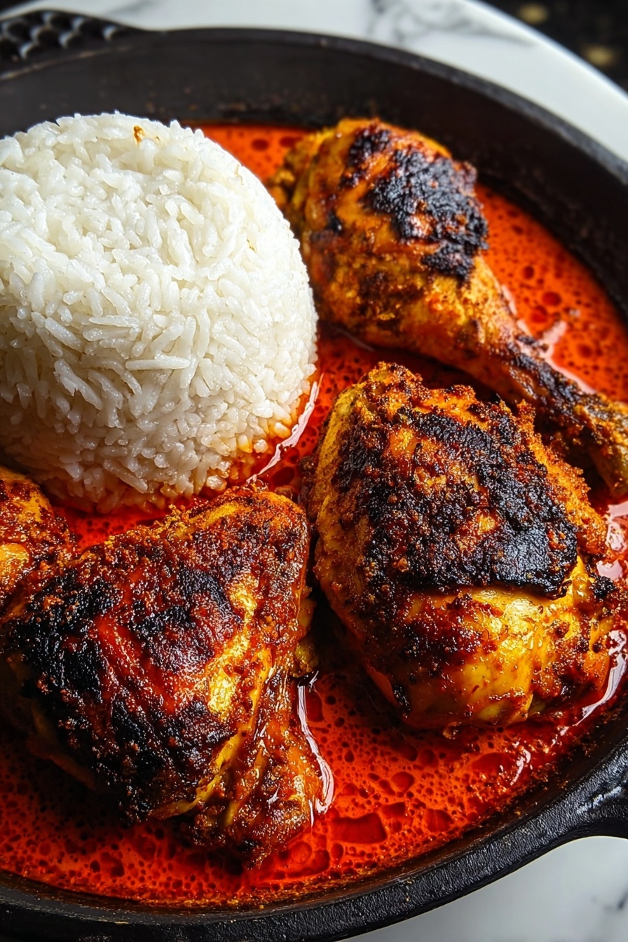 Nigerian Chicken Stew Recipe 6 The image shows a black pan filled with rich red sauce and three grilled chicken pieces arranged closely together, each with a golden brown charred crust and textured skin. On the left side of the pan, there is a neat mound of white rice shaped like a dome, with the grains clearly visible and fluffy. The pan is placed on a white plate, and the background is a white marbled surface. The colors focus on the vibrant red sauce contrasting with the golden chicken and the pure white rice, making the dish look warm and inviting. photo taken with an iphone --ar 2:3 --v 7 - Nigerian Chicken Stew, Nigerian Chicken Stew Recipe, Nigerian spicy stew, Nigerian chicken dishes, African chicken stew