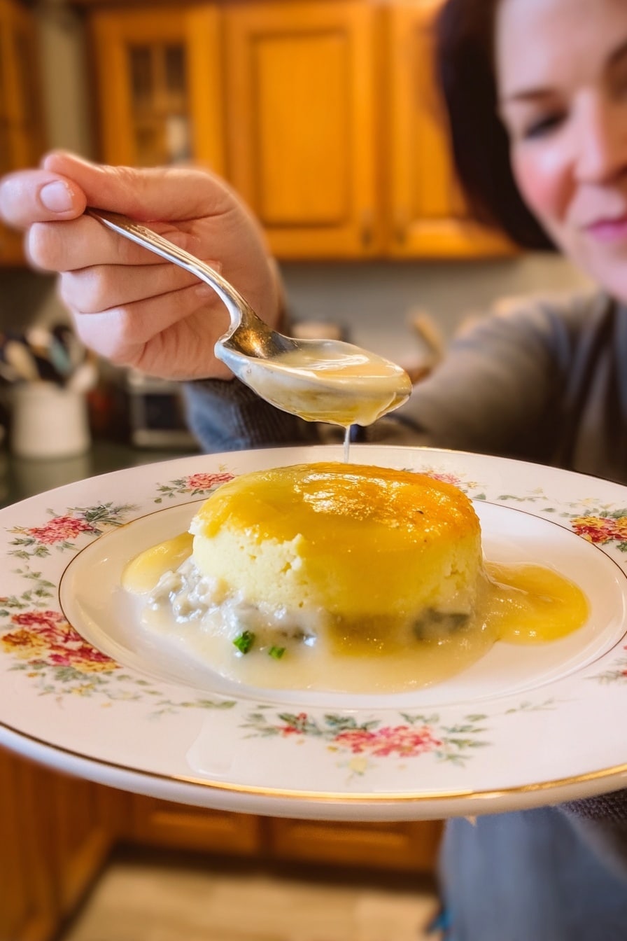 Cheddar Bay Chicken Pot Pie Recipe 6 A close-up view of a white plate with a floral pattern around the edge holding a creamy three-layer dish. The bottom layer is light beige and soft, followed by a middle layer of a slightly firmer white sauce mixed with small green bits. The top layer is a rich golden yellow, slightly melted and smooth in texture. A woman's hand holds the plate, and another woman's hand holds a spoon above the dish, lightly scooping some of the top yellow layer. The background shows a kitchen with wooden cabinets, but the dish and the plate are the main focus. Photo taken with an iphone --ar 2:3 --v 7 - Cheddar Bay Chicken Pot Pie, chicken pot pie with cheddar biscuits, cheesy chicken casserole, easy chicken pot pie recipe, savory chicken pie