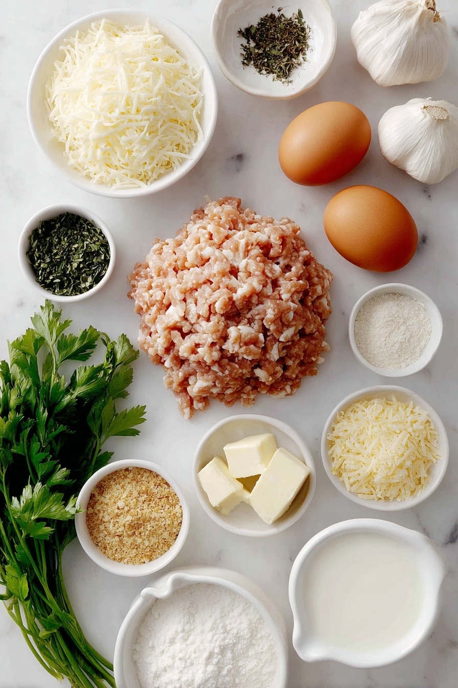 Ein flacher Haufen frisch gehacktes Hähnchen, ein kleiner Haufen geriebenem Parmesankäse, ein ordentlicher Haufen goldener Panko-Semmelbrösel, zwei ganze, ungebrochene braune Eier, vier geschälte Knoblauchzehen, eine kleine weiße Schüssel Vollmilch, eine kleine weiße Schale mit ungesalzenen Butterwürfeln, eine kleine weiße Schale getrocknete Basilikumblätter,  eine kleine weiße Schüssel mit getrockneten Petersilienflocken, eine kleine weiße Schale mit Knoblauchpulver, eine kleine weiße Schüssel mit Zwiebelpulver, eine kleine weiße Schale grobes Salz, eine kleine weiße Schale mit schwarzen Pfefferkörnern und ein kleines Bündchen frischer Petersilienzweige auf einer sauberen weißen Marmoroberfläche, weiches natürliches Licht, Foto mit einem iPhone aufgenommen,  Professioneller Food-Fotografie-Stil, frische Zutaten, weiße Keramikschalen, keine Flaschen, keine Duplikate, kein Besteck, keine Verpackung --ar 2:3 --v 7 --p m7354615311229779997 - Knoblauch-Parmesan-Hackbraten, geschmackvolles Hähnchen-Hackbraten, einfache Rezepte für Hackbraten, käsiges Hähnchen-Abendessen, Rezepte für Comfort Food