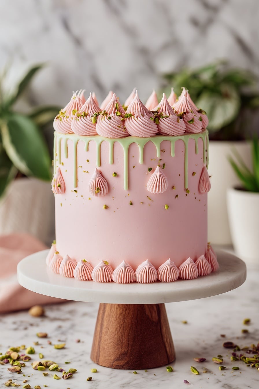 Raspberry Pistachio Cake Recipe 8 The image shows a three-layer green cake with bright pink frosting on the outside and between each layer. The green cake layers have a soft, slightly crumbly texture, while the pink frosting is smooth with detailed swirls around the top edge and sides. Between the green layers is a thin, dark red jam filling. One slice is placed on a white speckled plate in front with pink frosting on its sides, showing the three layers and red filling clearly. Another slice sits on a matching plate to the right with a gold fork beside it. The whole cake is on a white cake stand with a wooden base. The background and surface have a white marbled texture with green potted plants behind and a small bowl of crushed nuts to the left. photo taken with an iphone --ar 2:3 --v 7 - Raspberry Pistachio Cake, Raspberry Pistachio Cake Recipe, how to make Raspberry Pistachio Cake, easy Raspberry Pistachio Cake, homemade Raspberry Pistachio Cake