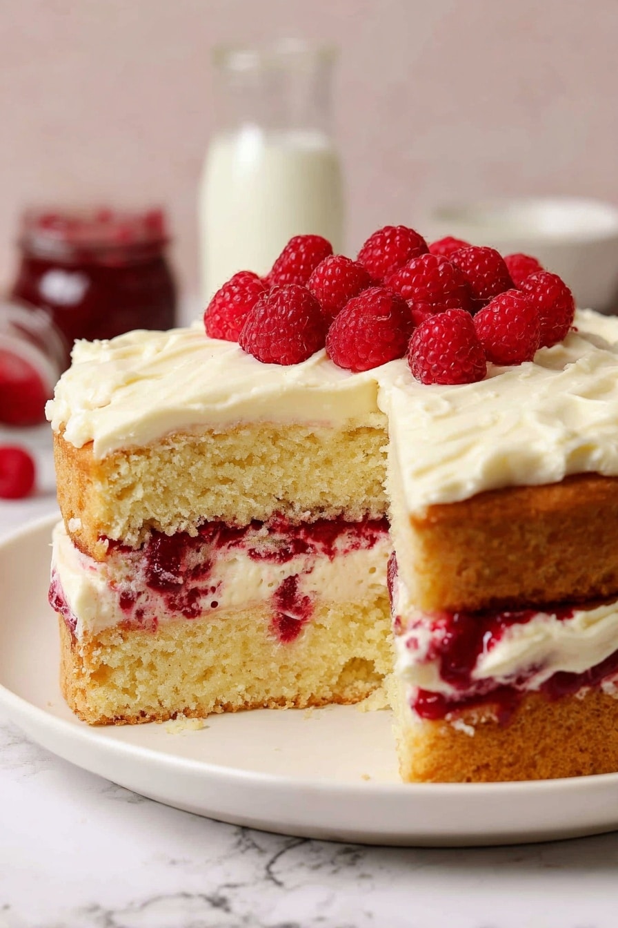 White Chocolate Raspberry Cake Recipe 6 A two-layer pale yellow sponge cake sits on a white plate on a white marbled surface, with a thick layer of creamy white frosting covering the top and sides. Between the sponge layers is a deep red raspberry jam and whole raspberries that are partially embedded in the cake and frosting. The top layer has more creamy white frosting with a cluster of bright red raspberries placed in the center. In the blurred background, there is a small glass bottle of milk and a jar with red jam. photo taken with an iphone --ar 2:3 --v 7 - White Chocolate Raspberry Cake, raspberry cake dessert, white chocolate cake, celebration cake recipe, easy raspberry cake