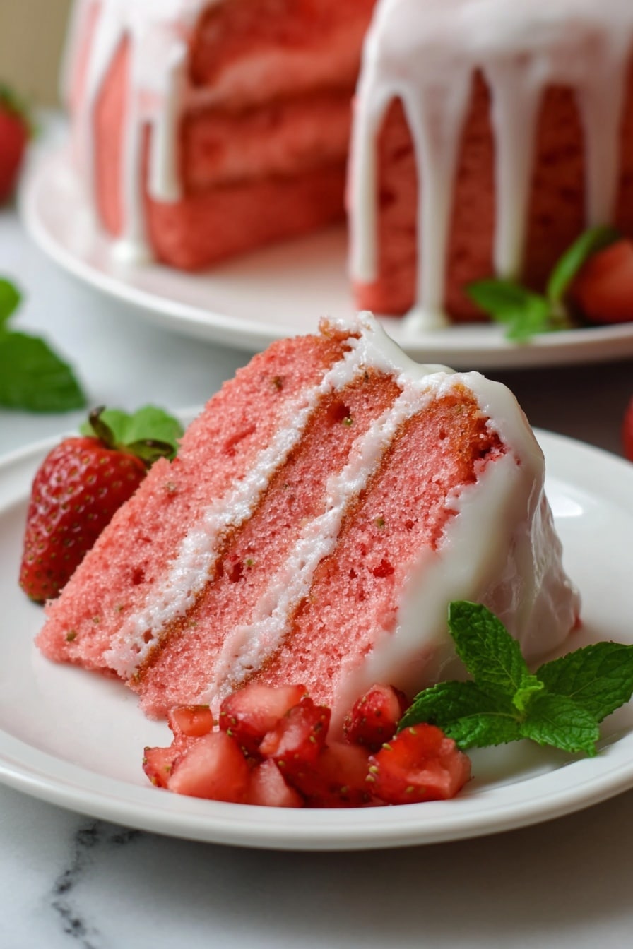 Strawberry Pound Cake Recipe 6 A slice of pink strawberry cake with three layers of soft, spongy cake separated by thin white cream layers sits on a white plate. The top layer is drizzled with white cream. Next to the slice are small pieces of fresh strawberries and green mint leaves. In the background, the rest of the cake shows the same pink color with white cream drizzles on top. The plate is on a white marbled surface. photo taken with an iphone --ar 2:3 --v 7 - Strawberry Pound Cake, easy strawberry cake, moist strawberry dessert, homemade strawberry pound cake, strawberry cake with glaze