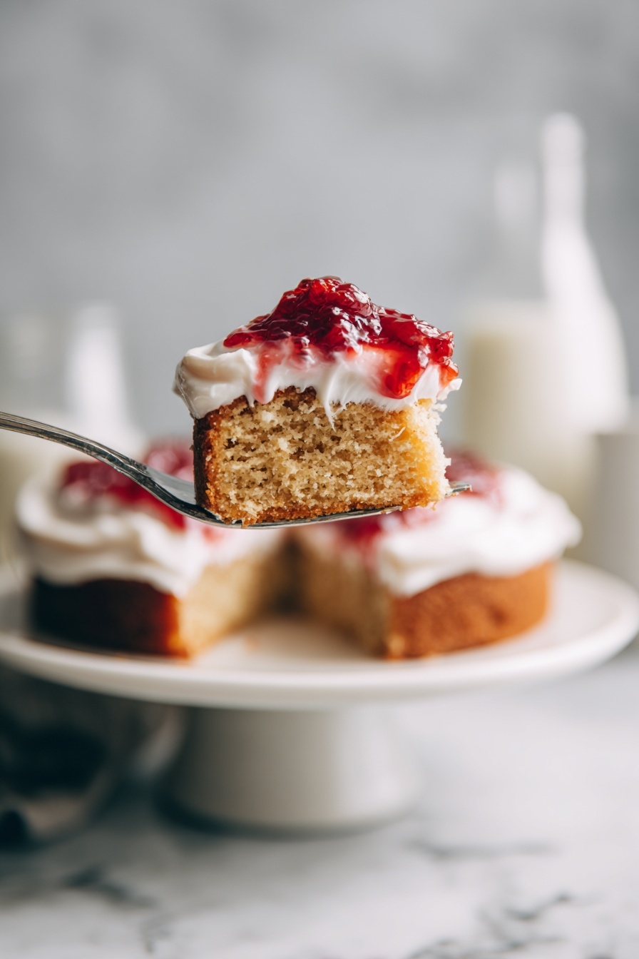 Easy Strawberry Cake Filling Recipe 6 A clear glass bowl filled with thick, bright red strawberry sauce that has a slightly chunky texture, with a silver spoon resting inside the bowl partially submerged in the sauce. Around the bowl on the white marbled surface are three strawberry halves and one whole strawberry with green leaves, adding a fresh and natural touch to the scene. The overall colors are vibrant reds from the sauce and strawberries, contrasting with the clean white marbled background. Photo taken with an iphone --ar 2:3 --v 7 - Easy Strawberry Cake Filling, homemade strawberry filling, fruit filling for cakes, quick strawberry filling, fresh strawberry dessert