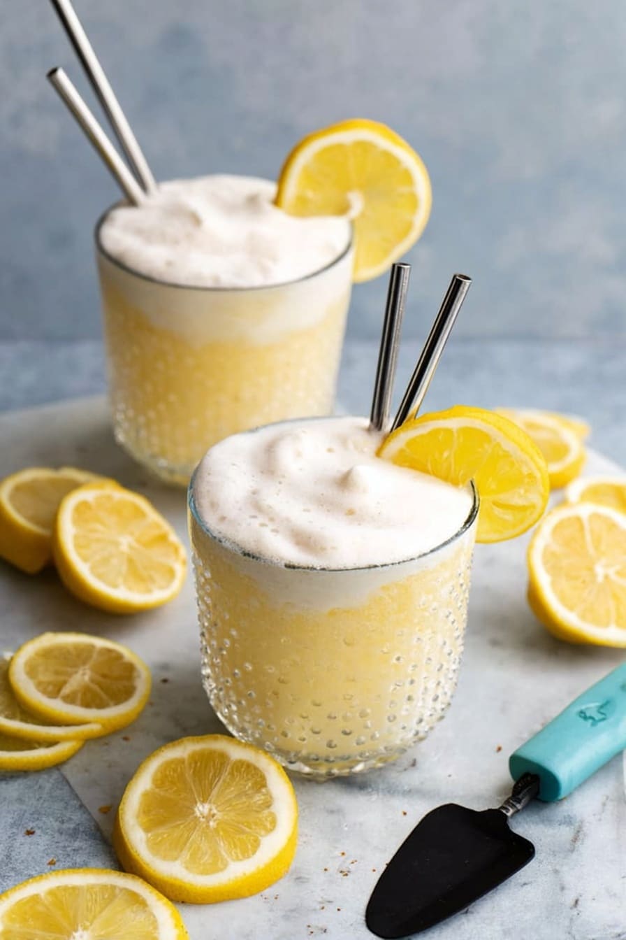 Copycat Frosted Lemonade Recipe 6 Two frothy light yellow lemon drinks fill textured clear glasses, each topped with a thick layer of creamy foam. One glass is garnished with a lemon wedge on the rim, while the other has a lemon slice dipped inside and two metal straws. The drinks rest on a white marbled surface scattered with halved and wedge-cut lemons. A black spatula with a teal handle lies nearby. photo taken with an iphone --ar 2:3 --v 7 - Frosted Lemonade, Copycat Frosted Lemonade, Chick-fil-A Lemonade Drink, Homemade Lemonade Dessert, Summer Lemonade Refreshment