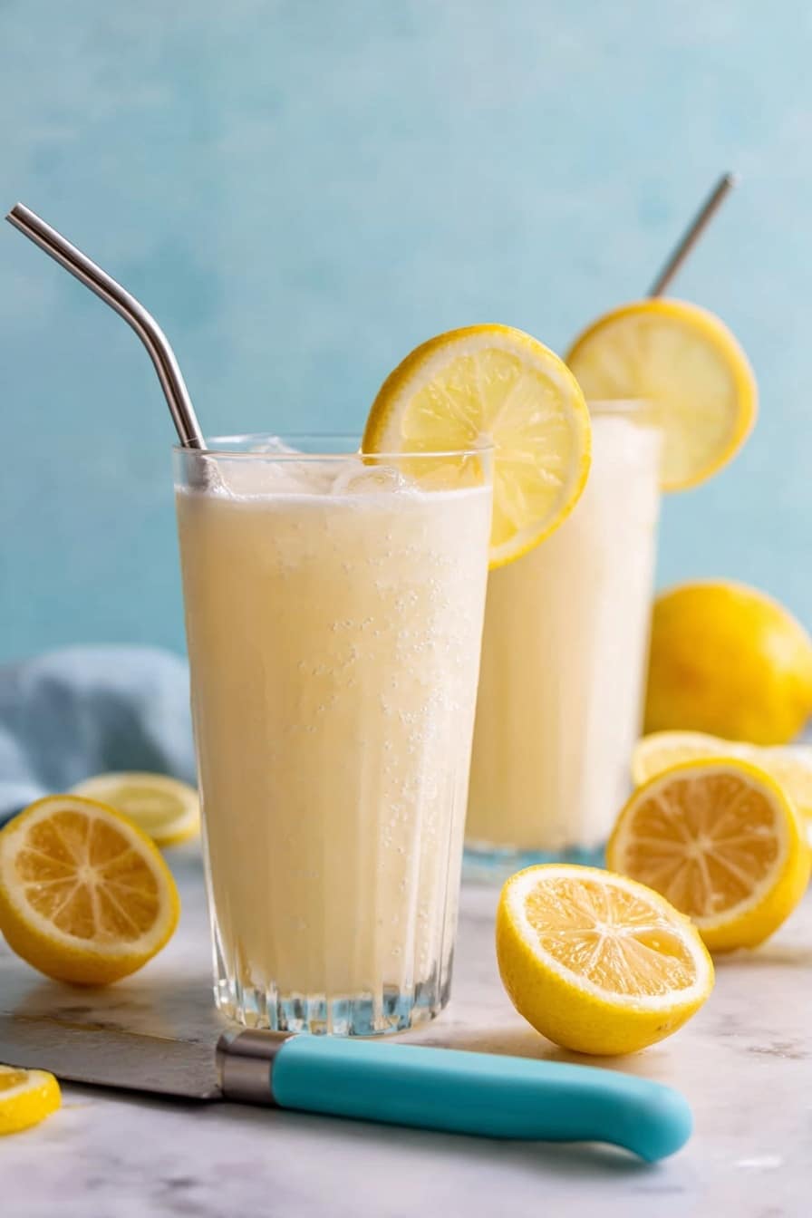 Copycat Frosted Lemonade Recipe 8 Two tall clear glasses filled with a pale yellow creamy drink with small bubbles on the surface stand on a white marbled texture. Each glass has a thin slice of bright yellow lemon placed on the rim. One glass has a silver metal straw inserted inside. Around the glasses, there are halved and sliced lemons scattered on the surface, showing their bright yellow and juicy interior. In the foreground, there is a kitchen knife with a turquoise handle resting on the white marbled surface. The background is a soft light blue, adding a fresh and clean look to the image. Photo taken with an iphone --ar 2:3 --v 7 - Frosted Lemonade, Copycat Frosted Lemonade, Chick-fil-A Lemonade Drink, Homemade Lemonade Dessert, Summer Lemonade Refreshment