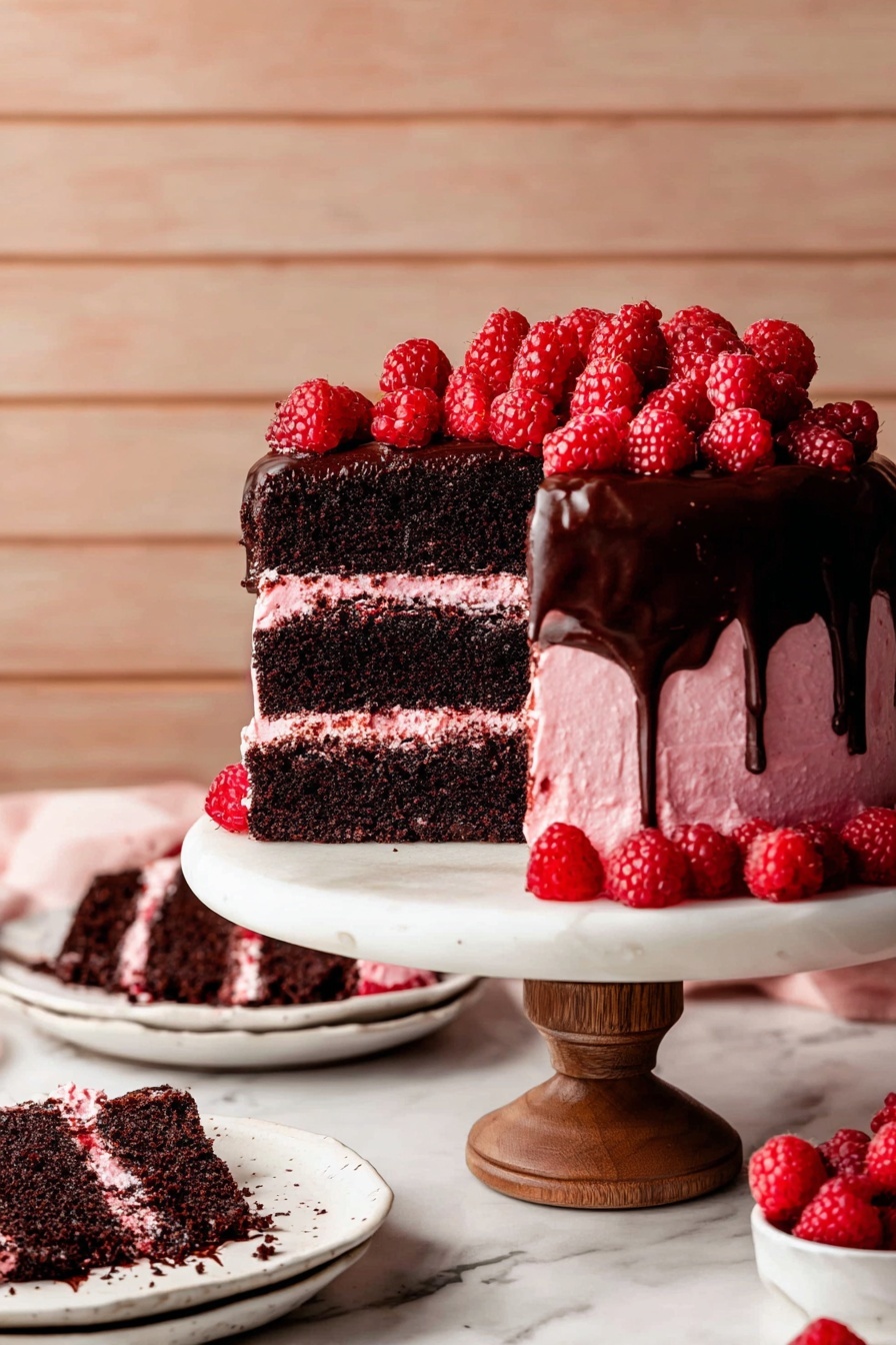 Chocolate Raspberry Cake with Ganache Recipe 8 A three-layer cake stands on a white round cake stand with a wooden base. The bottom layer is dark brown, almost black, with a crumbly texture. The middle and top layers are covered with smooth pink frosting that has small red specks inside it. Dark chocolate frosting drips unevenly down from the top edge, creating long drips over the pink frosting. The top of the cake is fully covered with bright red raspberries piled closely together. The scene is set against a white marbled surface. photo taken with an iphone --ar 2:3 --v 7 - Chocolate Raspberry Cake with Ganache, chocolate raspberry cake, decadent raspberry cake, easy chocolate cake with raspberry, homemade chocolate raspberry dessert