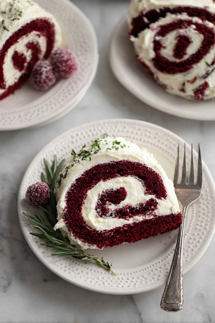 Red Velvet Cake Roll with Ermine Frosting Recipe 6 The image shows several slices of a red velvet roll cake on white plates with a light embossed pattern. Each slice has two main spiral layers: a deep red velvet cake layer rolled with a thick, smooth, white cream cheese frosting layer. The cake looks moist and soft, contrasting with the creamy filling. There are small green rosemary sprigs and sugar-coated red berries placed beside the slices for decoration. A silver fork rests next to one slice, set on a white marbled surface. Photo taken with an iphone --ar 2:3 --v 7 - Red Velvet Cake Roll with Ermine Frosting, red velvet cake roll recipe, ice cream cake roll, homemade cake roll, festive dessert ideas