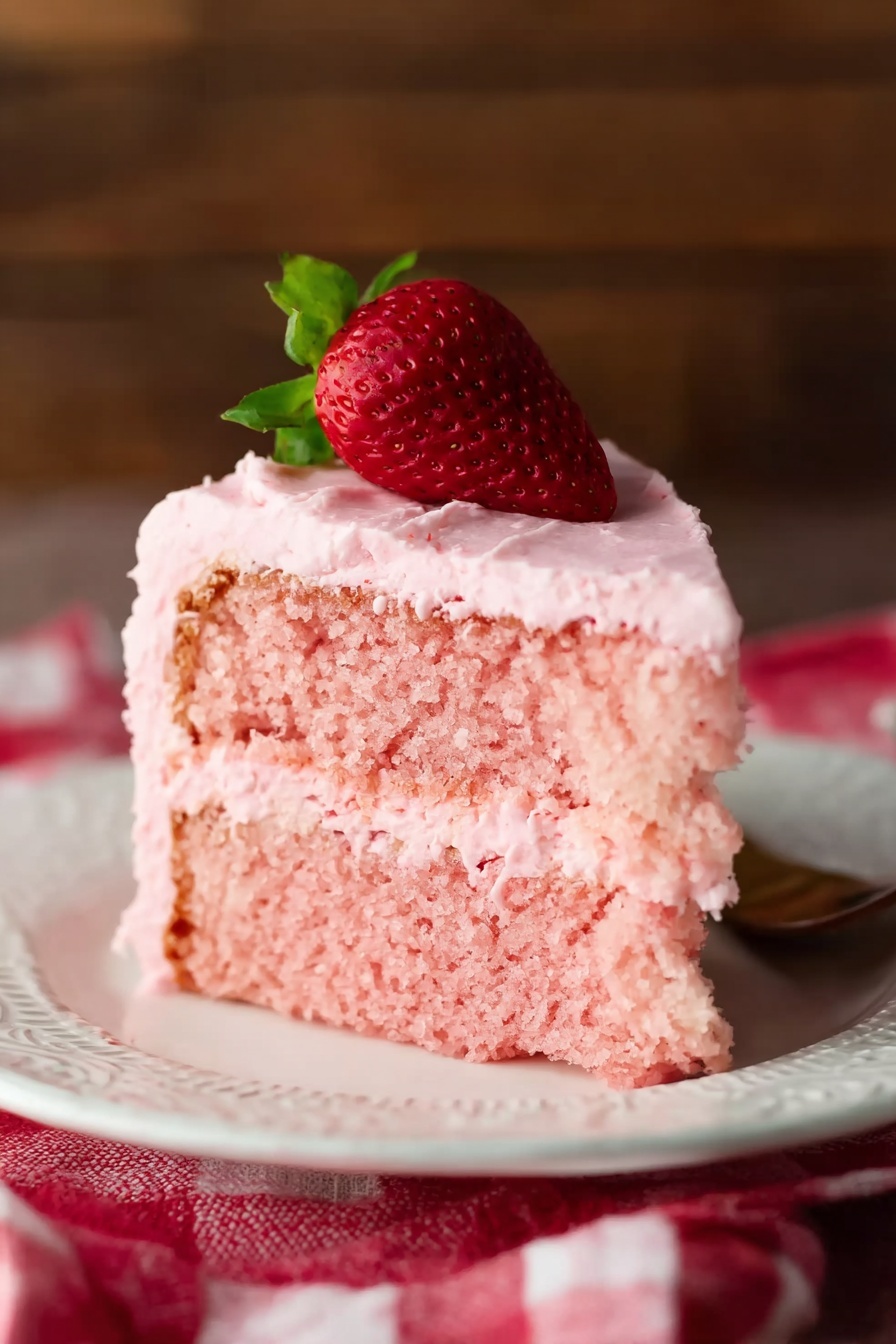 Strawberry Cake with Cream Cheese Frosting Recipe 6 A single slice of pink cake with two layers sits on a white plate with a delicate pattern around the edge. The cake layers are fluffy and light pink, separated and covered with smooth pink frosting. On top of the slice is a whole fresh strawberry with green leaves. The plate rests on a red and white checkered cloth, and the background shows a blurred wooden texture, creating a warm feel. Photo taken with an iphone --ar 2:3 --v 7 - Strawberry Cake with Cream Cheese Frosting, strawberry cake, cream cheese frosting recipe, summer dessert, easy strawberry cake