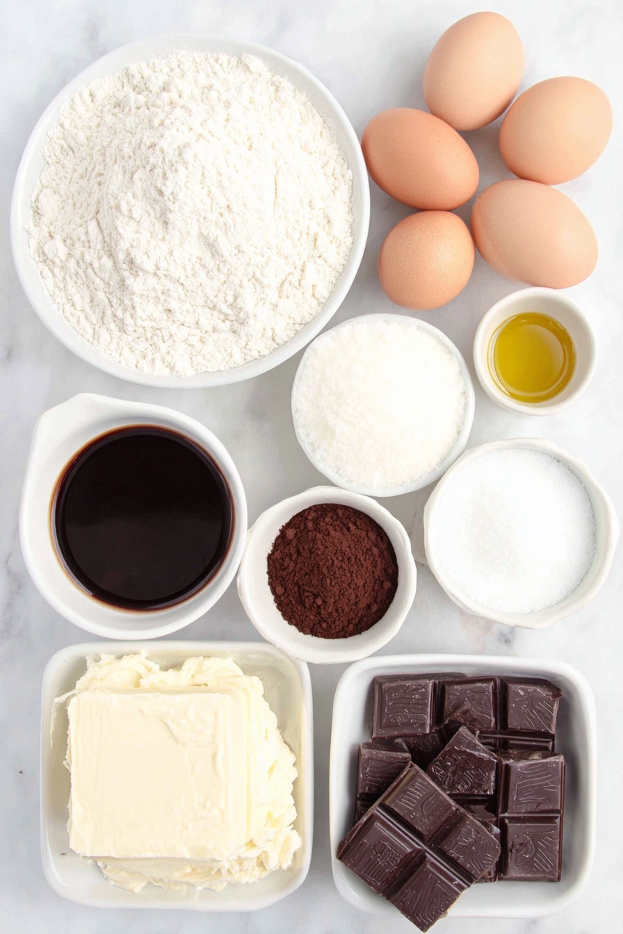 Decadent Chocolate Cake with Fudge Frosting Recipe 7 Flat lay of a small mound of fine white flour, a small white bowl filled with white granulated sugar, a small white bowl with dark brown cocoa powder, a small white bowl of golden vegetable oil, a small white bowl containing smooth pale buttermilk, a small white bowl with dark rich brewed coffee, three whole uncracked brown eggs, a small white bowl holding fine white powdered sugar, a small white bowl with thick heavy cream, a small white bowl with several squares of dark chocolate, a small white bowl of pale yellow unsalted butter, and a small white bowl with fine kosher salt placed neatly in perfect symmetry on a clean white marble surface, soft natural light, photo taken with an iPhone, professional food photography style, fresh ingredients, white ceramic bowls, no bottles, no duplicates, no utensils, no packaging --ar 2:3 --v 7 --p m7354615311229779997 - Decadent Chocolate Cake with Fudge Frosting, rich chocolate cake recipe, moist chocolate cake, homemade fudge frosting, dessert for special occasions