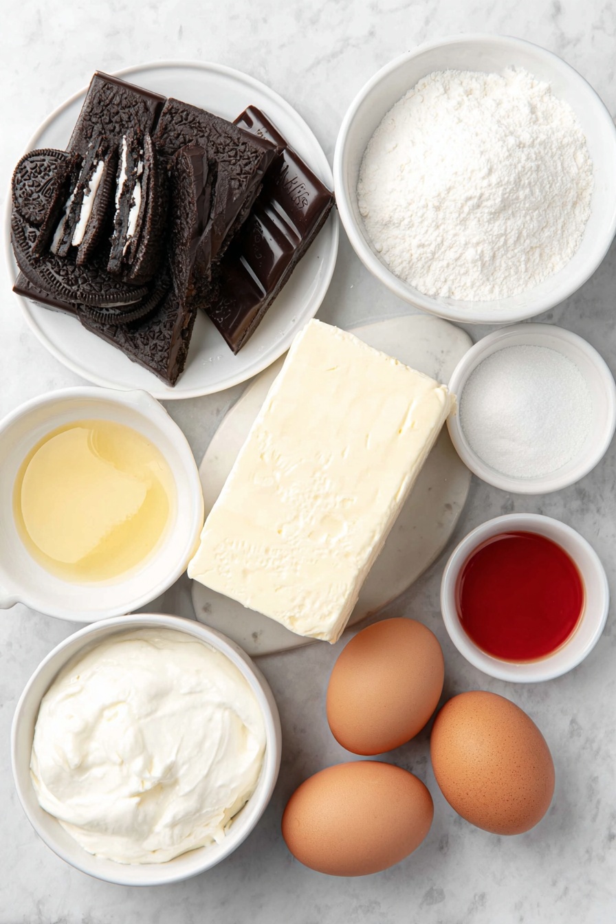 No-Bake Red Velvet Cheesecake Recipe 7 Flat lay of a neat pile of black and white Oreo cookies, a small puddle of melted golden butter on a white ceramic plate, a thick block of smooth cream cheese, a small white bowl filled with fine white icing sugar, a tiny white bowl holding bright red liquid food colouring, a small white bowl of thick white double cream, a bar of glossy dark chocolate, and three whole brown eggs arranged symmetrically, all placed on a clean white marble surface, soft natural light, photo taken with an iPhone, professional food photography style, fresh ingredients, white ceramic bowls, no bottles, no duplicates, no utensils, no packaging --ar 2:3 --v 7 --p m7354615311229779997 - No-Bake Red Velvet Cheesecake, Red Velvet Cheesecake, No-Bake Cheesecake, Easy Red Velvet Dessert, Creamy Red Velvet Cake