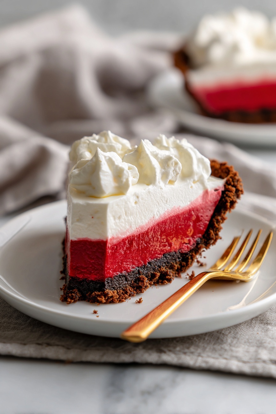 No-Bake Red Velvet Cheesecake Recipe 6 A slice of pie is shown on a white plate. The pie has three layers: a bottom layer of dark brown crumbly crust, a middle thick layer of smooth red filling, and a top layer of fluffy white whipped cream with soft peaks. A gold fork lies next to the slice on the plate. The setting has a soft gray cloth and a white marbled surface. Photo taken with an iphone --ar 2:3 --v 7 - No-Bake Red Velvet Cheesecake, Red Velvet Cheesecake, No-Bake Cheesecake, Easy Red Velvet Dessert, Creamy Red Velvet Cake