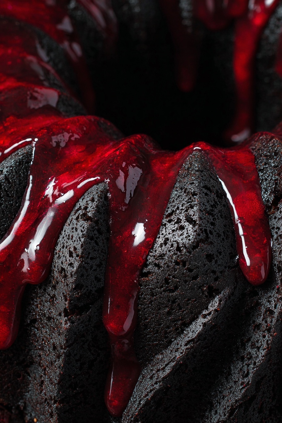 Mount Doom Black Chocolate Cake Recipe 6 A dark, rich chocolate bundt cake with a smooth, shiny red glaze dripping down from the top in thick streams, pooling slightly at the base. The cake sits on a round white plate surrounded by scattered pieces of dark chocolate. The surface around the cake is a white marbled texture with a folded gray cloth nearby. The background is dark and soft, creating contrast with the deep black of the cake and the bright red of the glaze. photo taken with an iphone --ar 2:3 --v 7 - Mount Doom Black Chocolate Cake, dark chocolate cake recipe, rich chocolate cake with sour cream, black cocoa chocolate cake, decadent chocolate dessert