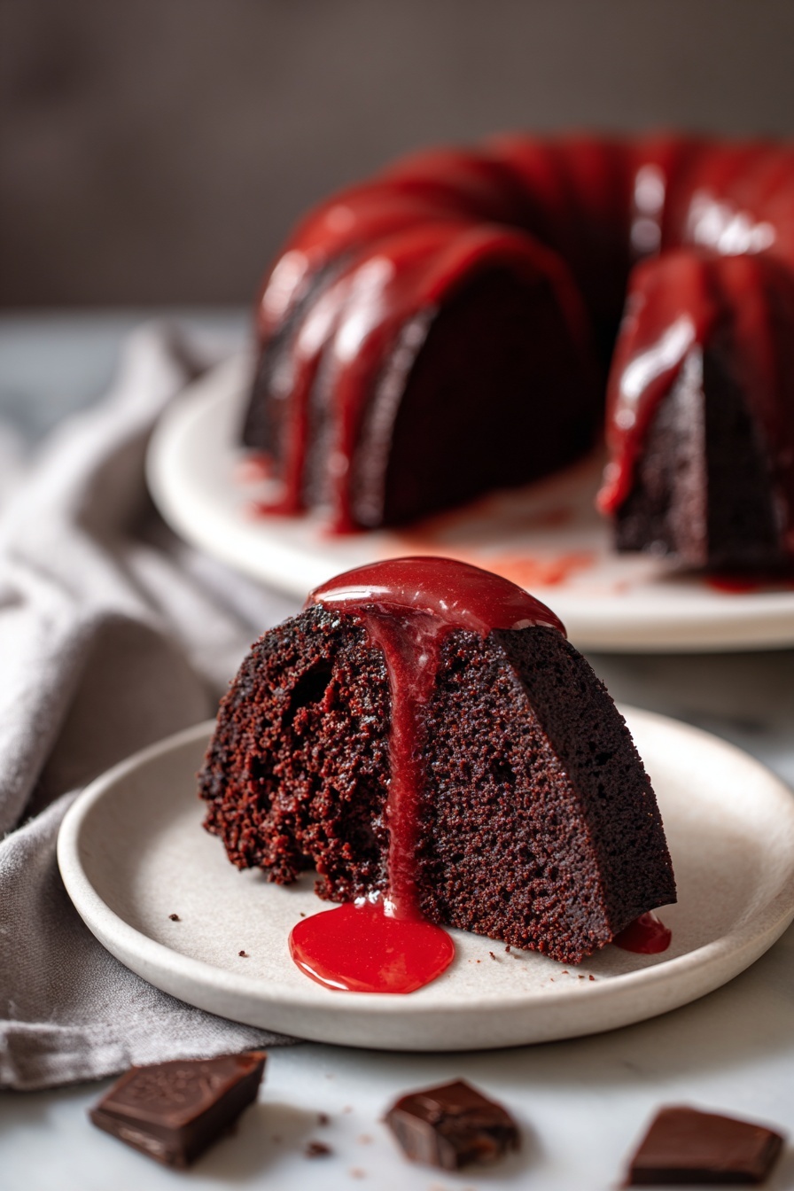 Mount Doom Black Chocolate Cake Recipe 8 A close-up view of a dark black bundt cake with a rough texture, covered in shiny, bright red glaze dripping down its peaks and valleys. The cake has deep ridges and a moist appearance, with the red glaze pooling slightly in the creases, giving a glossy and smooth contrast to the rough cake surface. The background is dark, highlighting the intense colors of the cake and glaze. photo taken with an iphone --ar 2:3 --v 7 - Mount Doom Black Chocolate Cake, dark chocolate cake recipe, rich chocolate cake with sour cream, black cocoa chocolate cake, decadent chocolate dessert