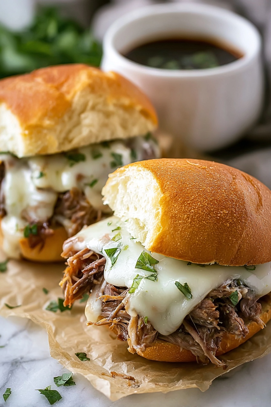 Crockpot French Dip Sandwiches Recipe 6 Two sandwiches sit on a piece of parchment paper atop a white marbled surface. Each sandwich has a soft, golden-brown bun that is slightly toasted on top. Inside, there is a juicy layer of shredded brown meat, topped with melted white cheese that looks smooth and creamy, with small green herb pieces sprinkled on top. The sandwiches are arranged close to each other, and in the background, there is a blurred white cup filled with a dark sauce, with some green herbs scattered on the surface around the parchment. photo taken with an iphone --ar 2:3 --v 7 - Crockpot French Dip Sandwiches, Slow Cooker French Dip, Easy French Dip Sandwiches, Tender Beef Sandwiches, Crowd-Pleasing Beef Sandwiches