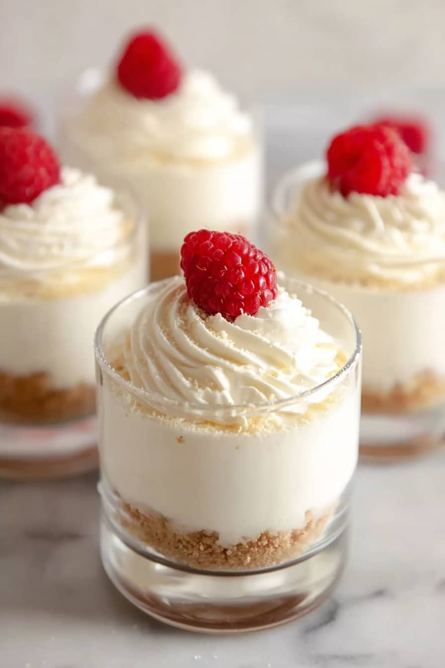 No-Bake Cheesecake Cups with Fruit Recipe 6 The image shows four clear glasses, each filled with three layers of dessert. The bottom layer is a light brown crumbly base, the middle layer is smooth white cream, and the top layer is a swirl of white whipped cream with a sprinkle of light crumbs on it. Each glass is topped with one bright red raspberry sitting on the whipped cream. The glasses are placed on a white marbled surface. Photo taken with an iphone --ar 2:3 --v 7 - No-Bake Cheesecake Cups with Fruit, easy cheesecake cups recipe, no-bake dessert, fruit-topped cheesecake, quick cheesecake desserts