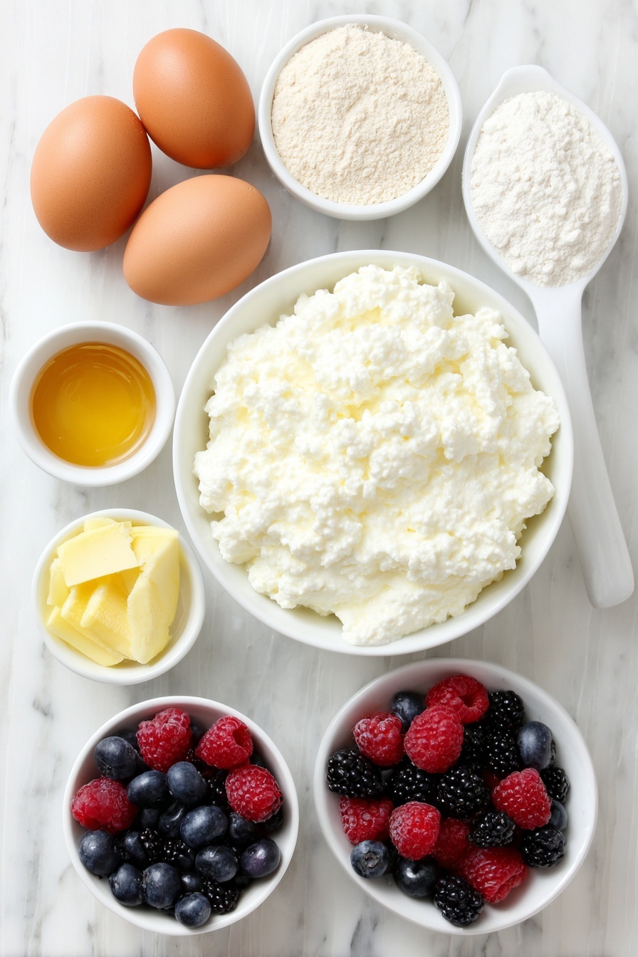 High Protein Berry Bake Recipe 7 Flat lay of a small white ceramic bowl filled with fresh, creamy full-fat cottage cheese, three large whole brown eggs with clean shells, a small white bowl containing pale almond flour, a small white bowl holding golden honey, a small white bowl with clear vanilla extract, a few bright lemon zest strips, a small white bowl of light baking powder, and a cluster of mixed fresh berries including blueberries, raspberries, and blackberries, all arranged symmetrically and balanced, placed on a clean white marble surface, soft natural light, photo taken with an iPhone, professional food photography style, fresh ingredients, white ceramic bowls, no bottles, no duplicates, no utensils, no packaging --ar 2:3 --v 7 --p m7354615311229779997 - High Protein Berry Bake, protein-packed berry baked dessert, healthy berry breakfast bake, easy high protein berry breakfast, nutritious berry morning treat