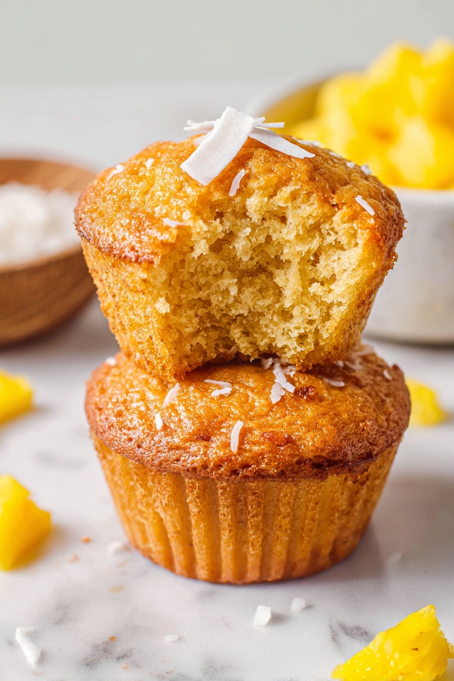 Das Bild zeigt zwei goldbraune Muffins, die gestapelt sind, wobei der obere leicht zerbrochen ist und ein weiches, schwammiges Inneres mit hellbrauner Farbe offenbart. Der obere Muffin wird mit zwei dünnen weißen Kokosflocken und einer Prise geriebene Kokosnuss garniert. Kleine Stücke leuchtend gelber Ananas sind um die Muffins auf einer weiß marmorierten Oberfläche verteilt. Im Hintergrund befindet sich eine weiße Schale, gefüllt mit gelben Ananasstücken. Foto aufgenommen mit einem iPhone --ar 2:3 --v 7 - Ananas-Kokosnuss-Hüttenkäse-Muffins, tropische Muffins-Rezepte, gesunde Ananasmuffins, Hüttenkäse-Frühstücksmuffins, saftige Kokosnussmuffins