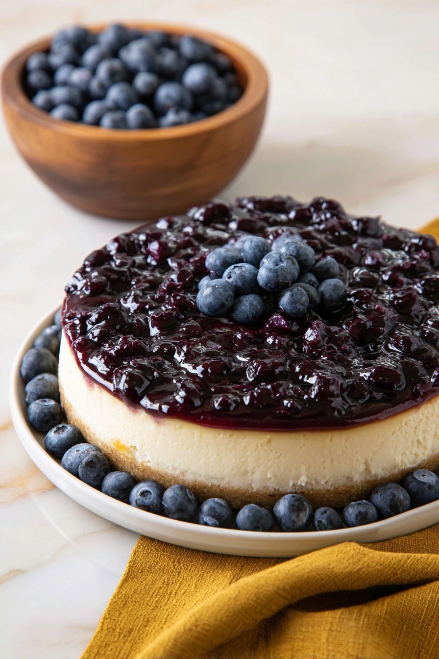 Blueberry Cottage Cheese Cheesecake Recipe 6 A round cheesecake sits on a white plate, with a thick, creamy beige layer on the bottom and a smooth, dark purple fruit topping on top that looks shiny and chunky. Fresh blueberries decorate the outer edge of the plate and a small pile of blueberries rests on the center of the topping. In the background, there is a wooden bowl filled with more blueberries. The scene is on a white marbled surface with a mustard-yellow cloth partially visible on the side. photo taken with an iphone --ar 2:3 --v 7 - Blueberry Cottage Cheese Cheesecake, blueberry cheesecake with cottage cheese, healthy blueberry cheesecake, easy blueberry dessert, light creamy cheesecake